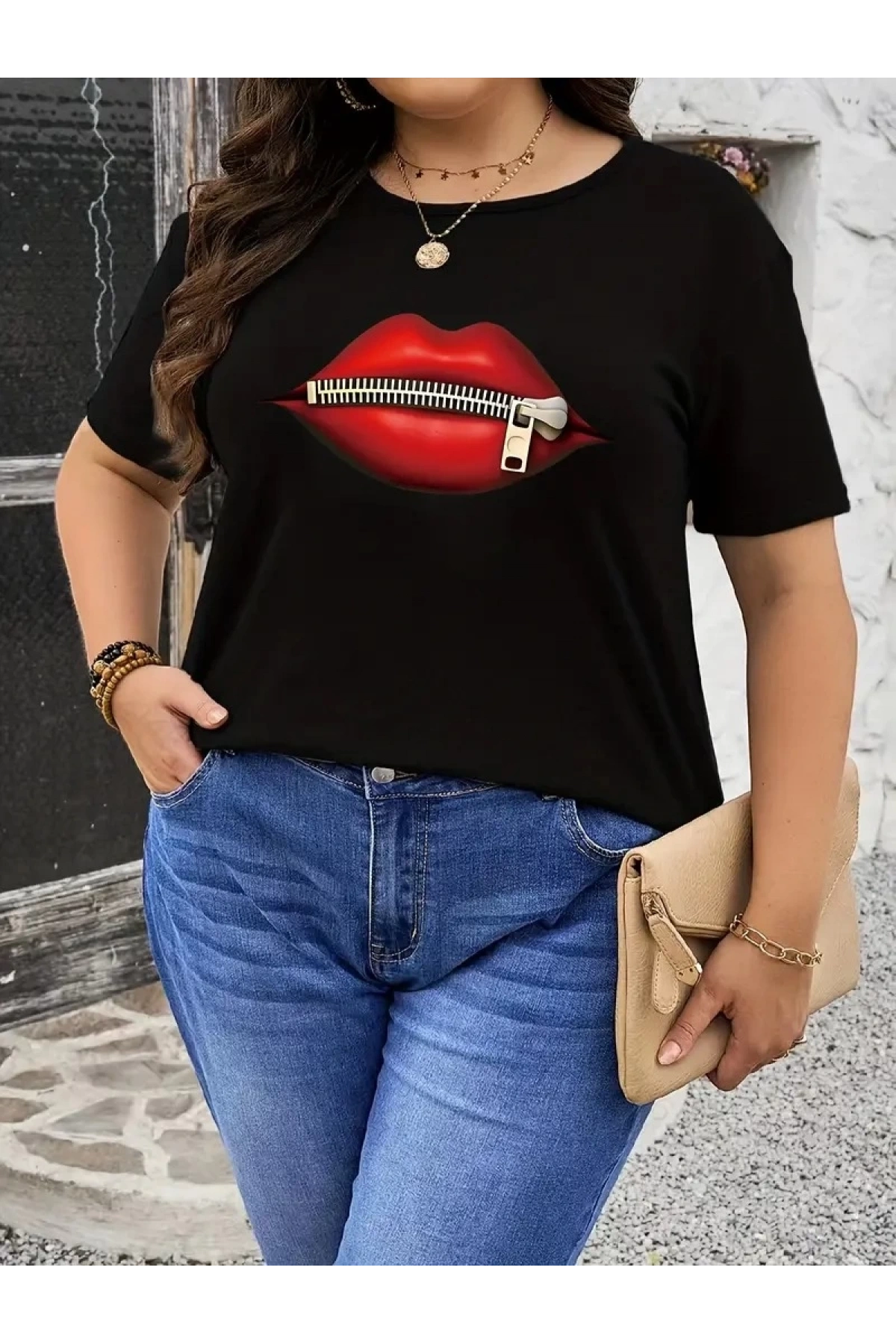 fermuar dudak baskılı tişört bisiklet yaka kısa kollu tişört - Siyah