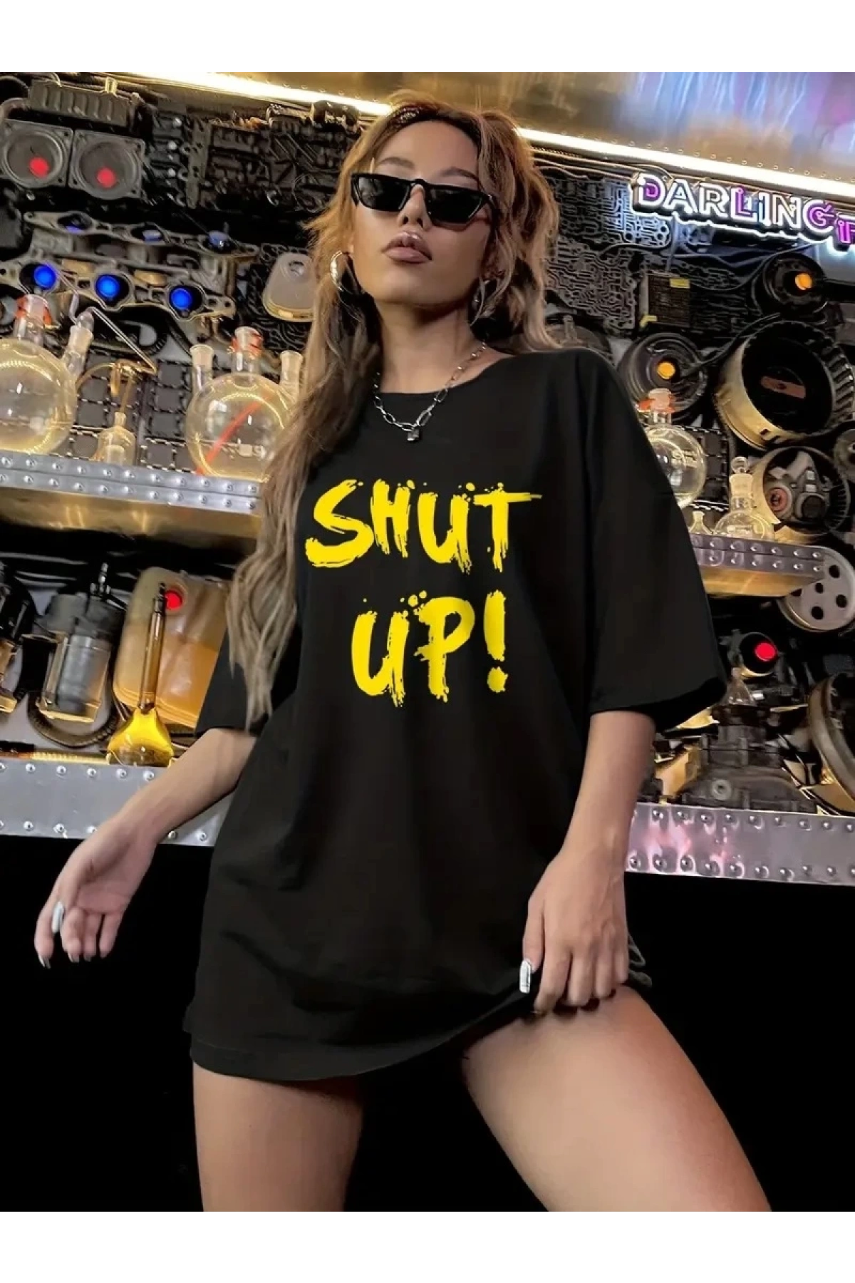 20/1 Penye Compack Shut up Baskılı Oversize Bisiklet Yaka Kısa Kol T-shirt - Siyah