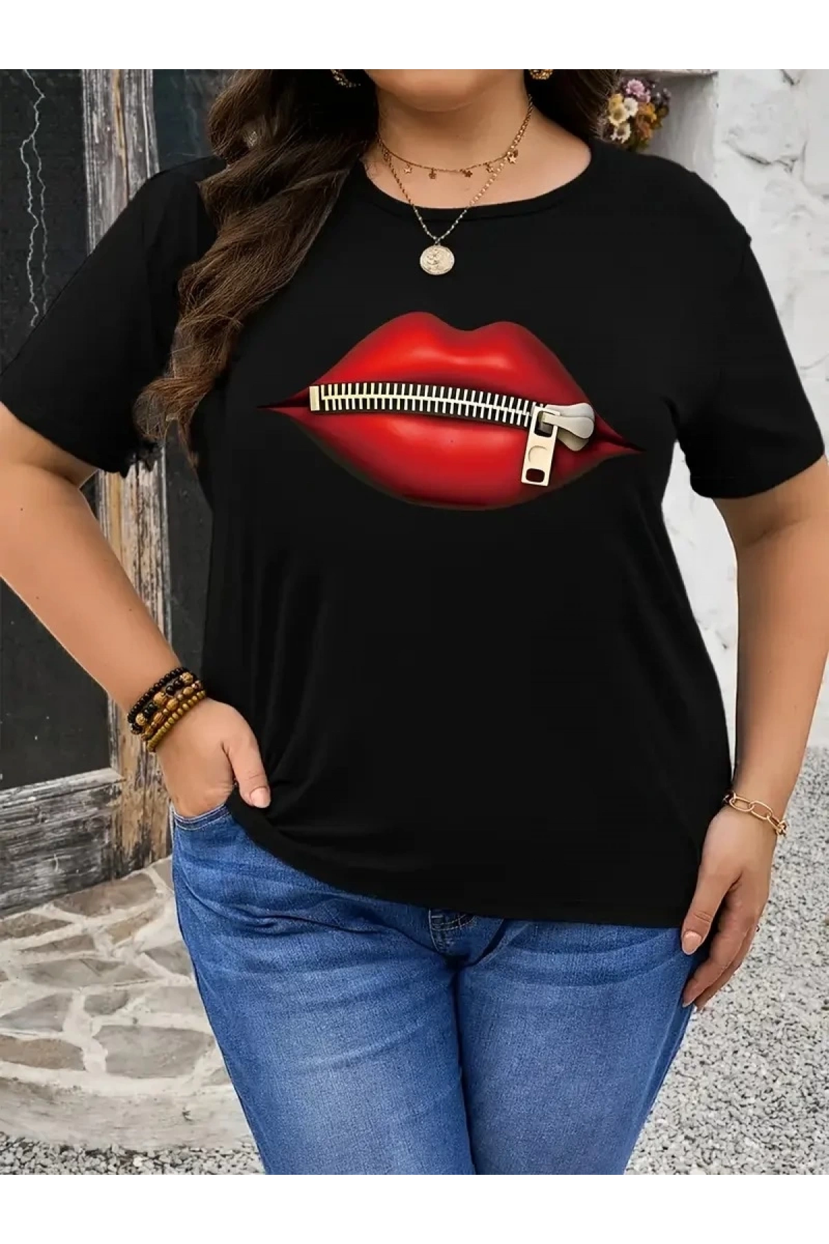 fermuar dudak baskılı tişört bisiklet yaka kısa kollu tişört - Siyah