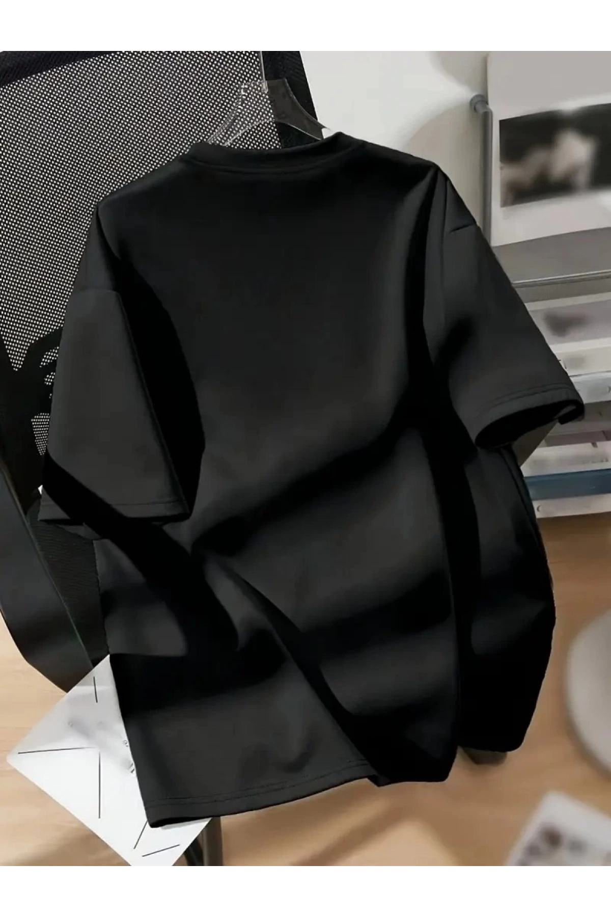 20/1 Penye Compack Ayı Baskılı Oversize Bisiklet Yaka Kısa Kol T-shirt - Siyah