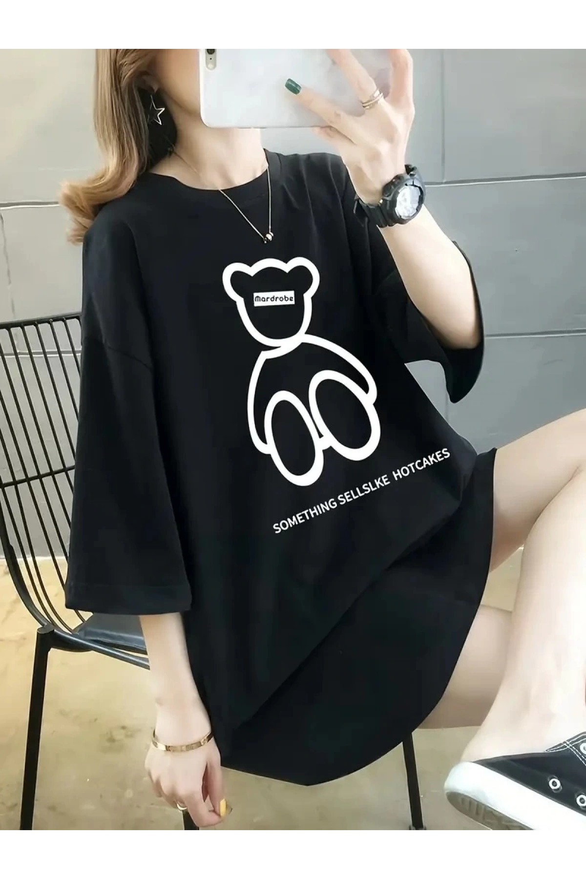 20/1 Penye Compack Ön Arka Baskılı Oversize Bisiklet Yaka T-shirt - Siyah