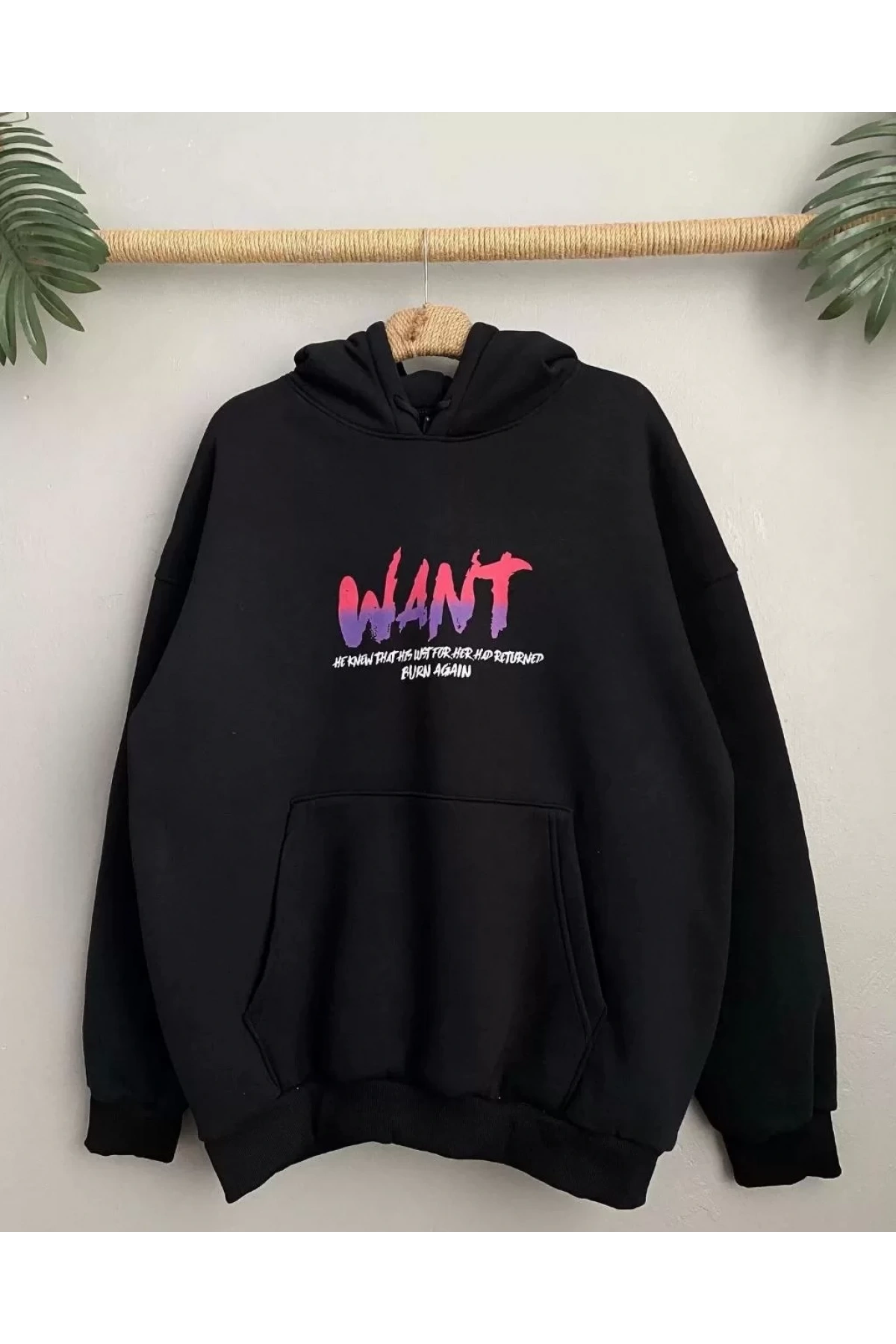 Baskılı Üç İplik Kapüşonlu Oversize Sweatshirt - Siyah