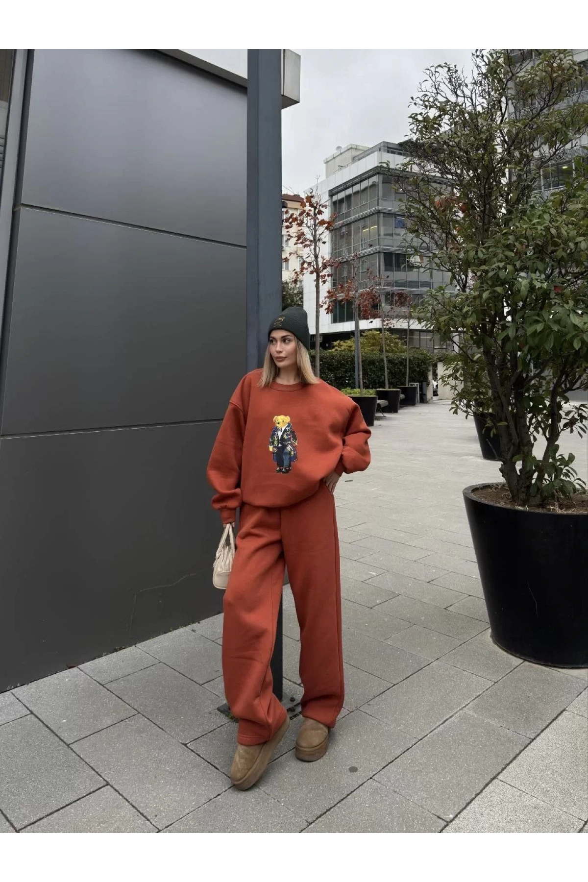 Bisiklet Yaka Üç İplik Sweat Takım - kiremit