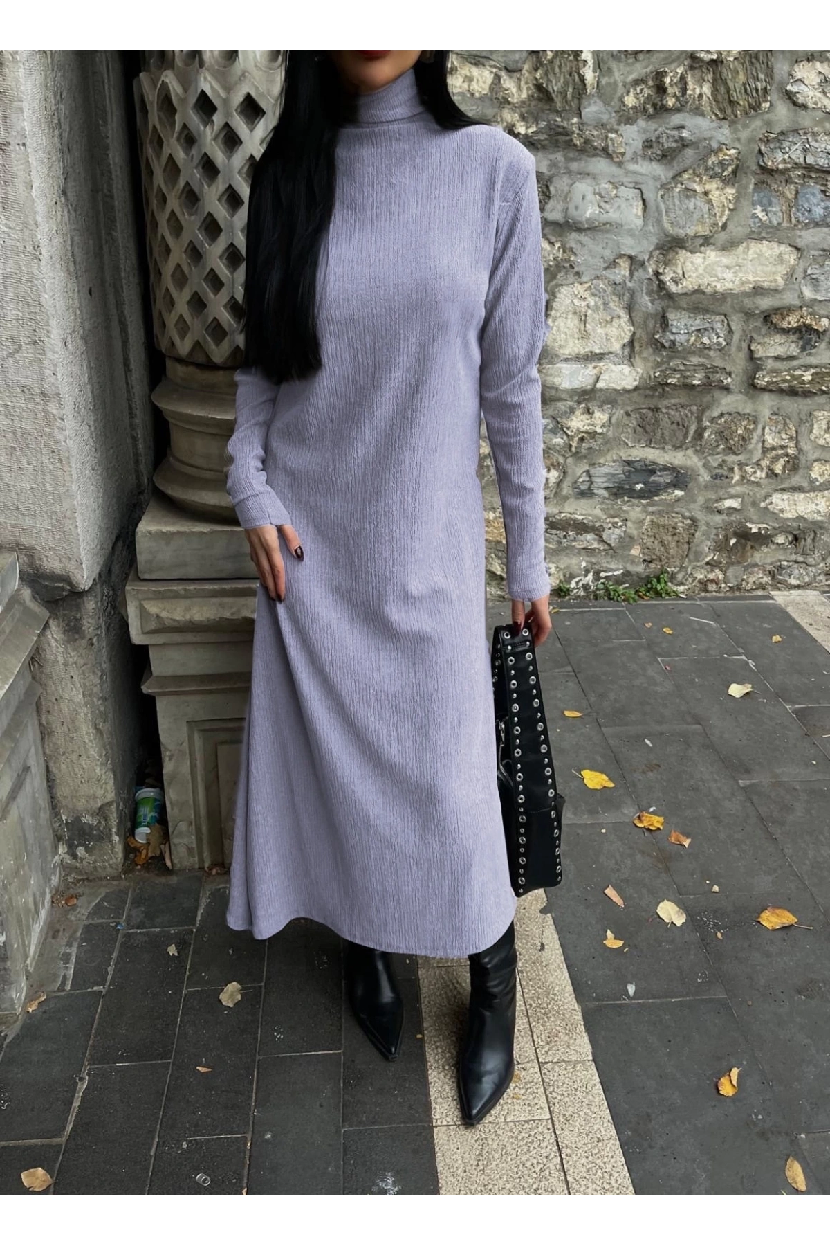 Boğazlı kalın bürümcük uzun elbise gri