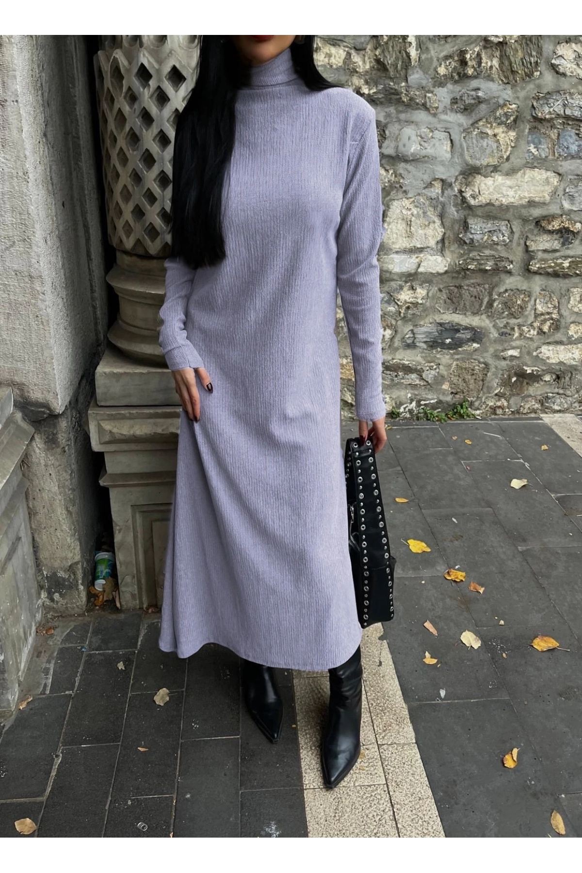 Boğazlı kalın bürümcük uzun elbise gri