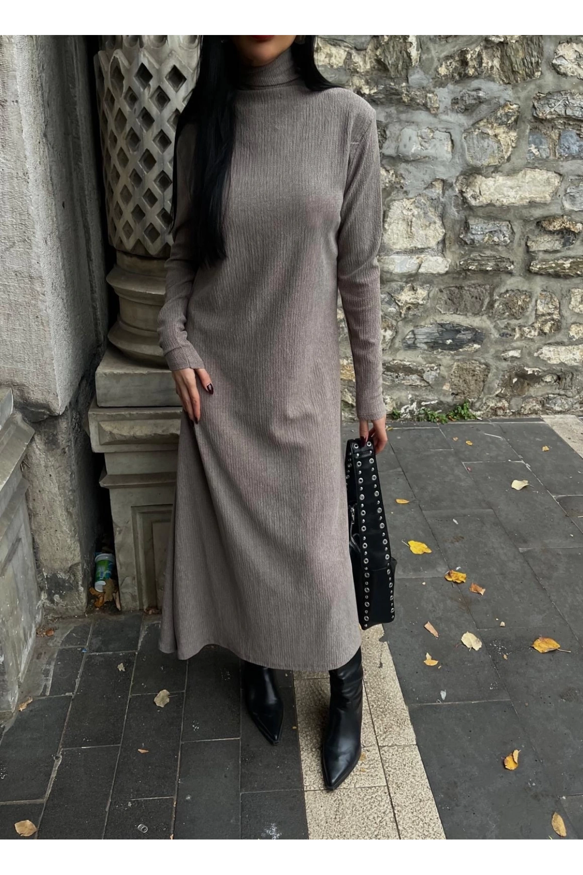 Boğazlı kalın bürümcük uzun elbise vizon