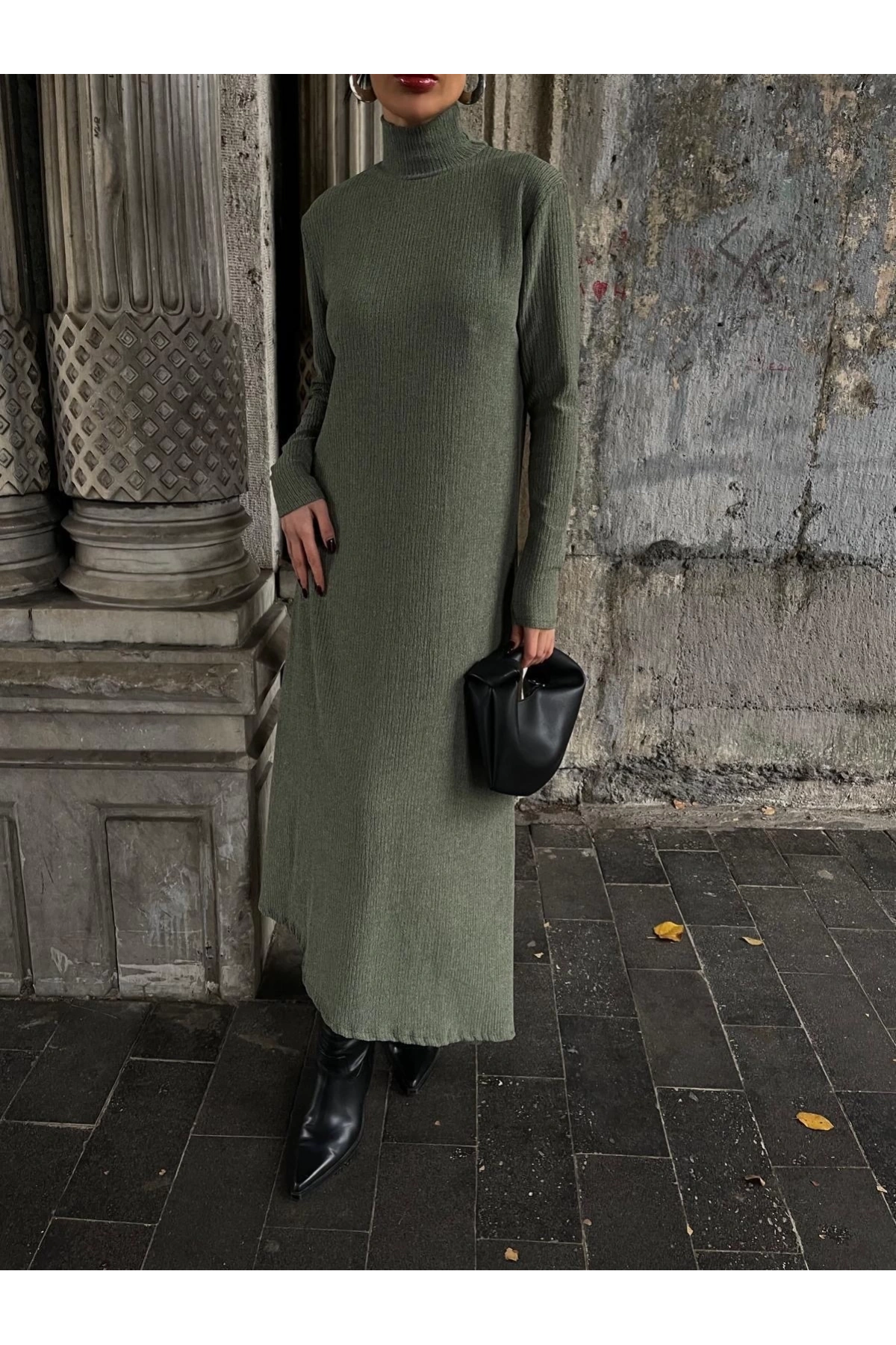 Boğazlı kalın bürümcük uzun elbise yeşil
