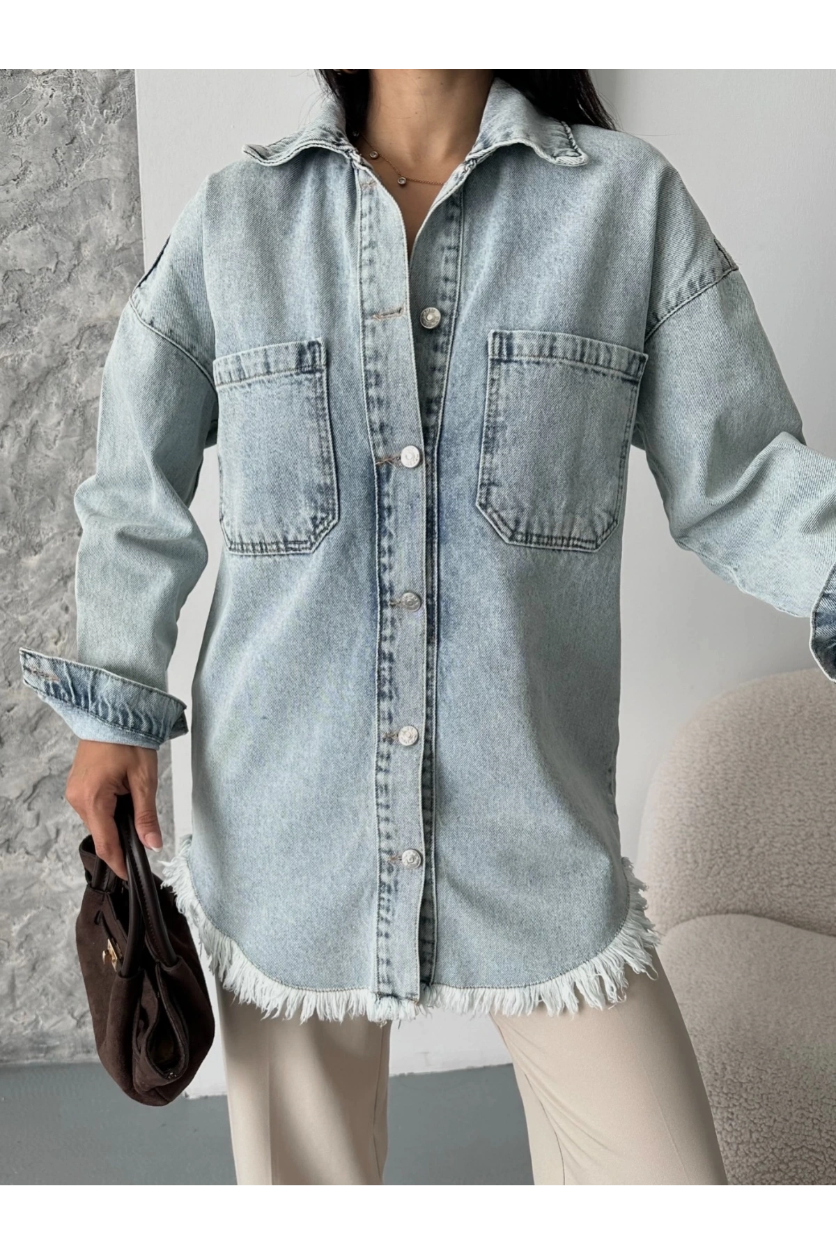 Cepli püsküllü kar yıkama kot ceket mavi d2515