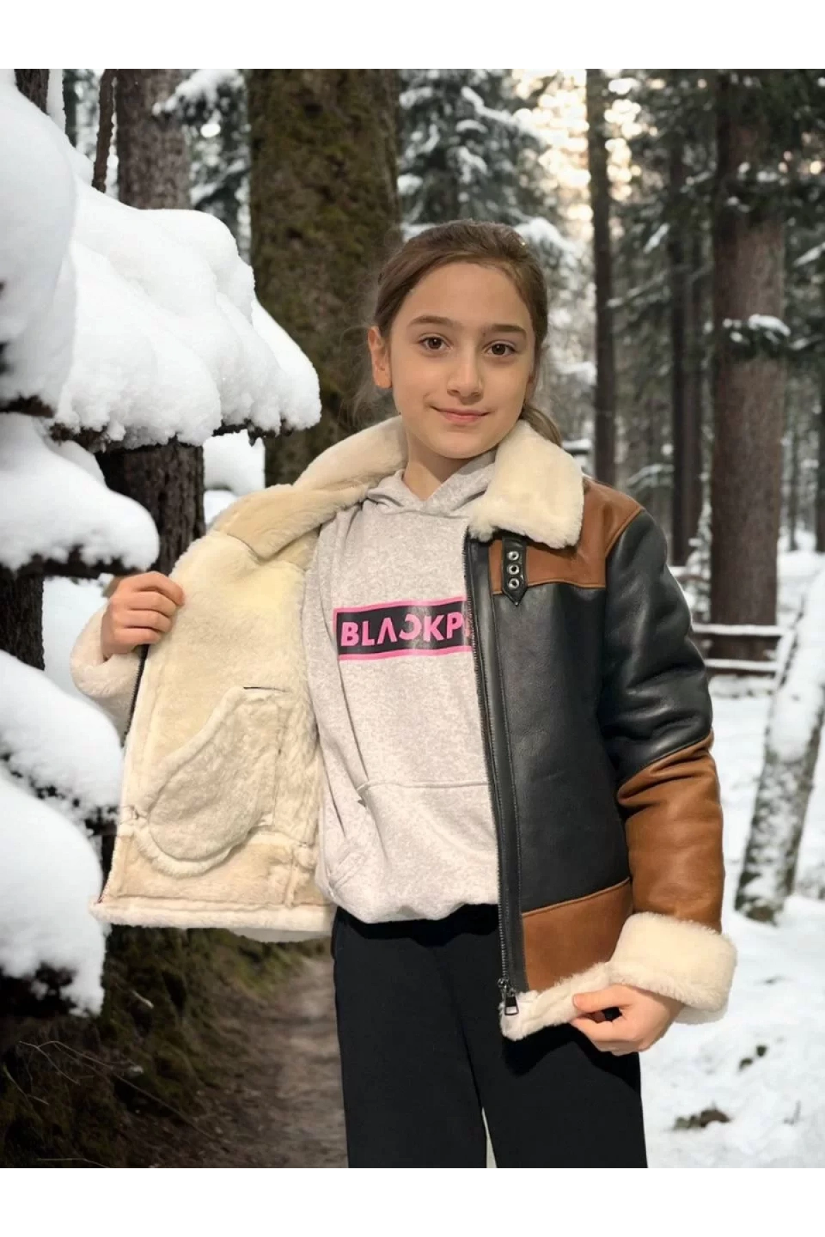 Çocuk Yakalı Parçalı Kürk - Kahve