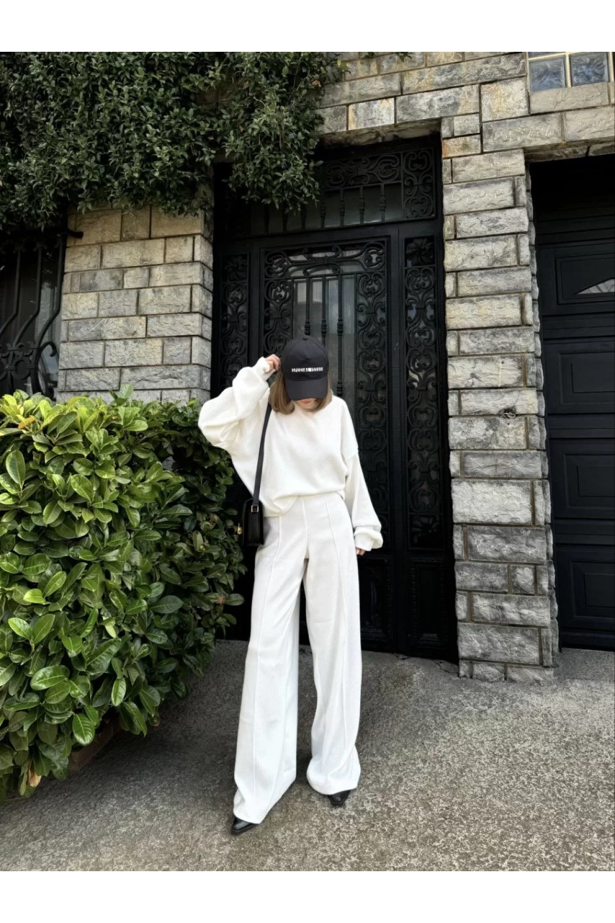 Crop, Pantolon Fitilli İkili Takım -Beyaz