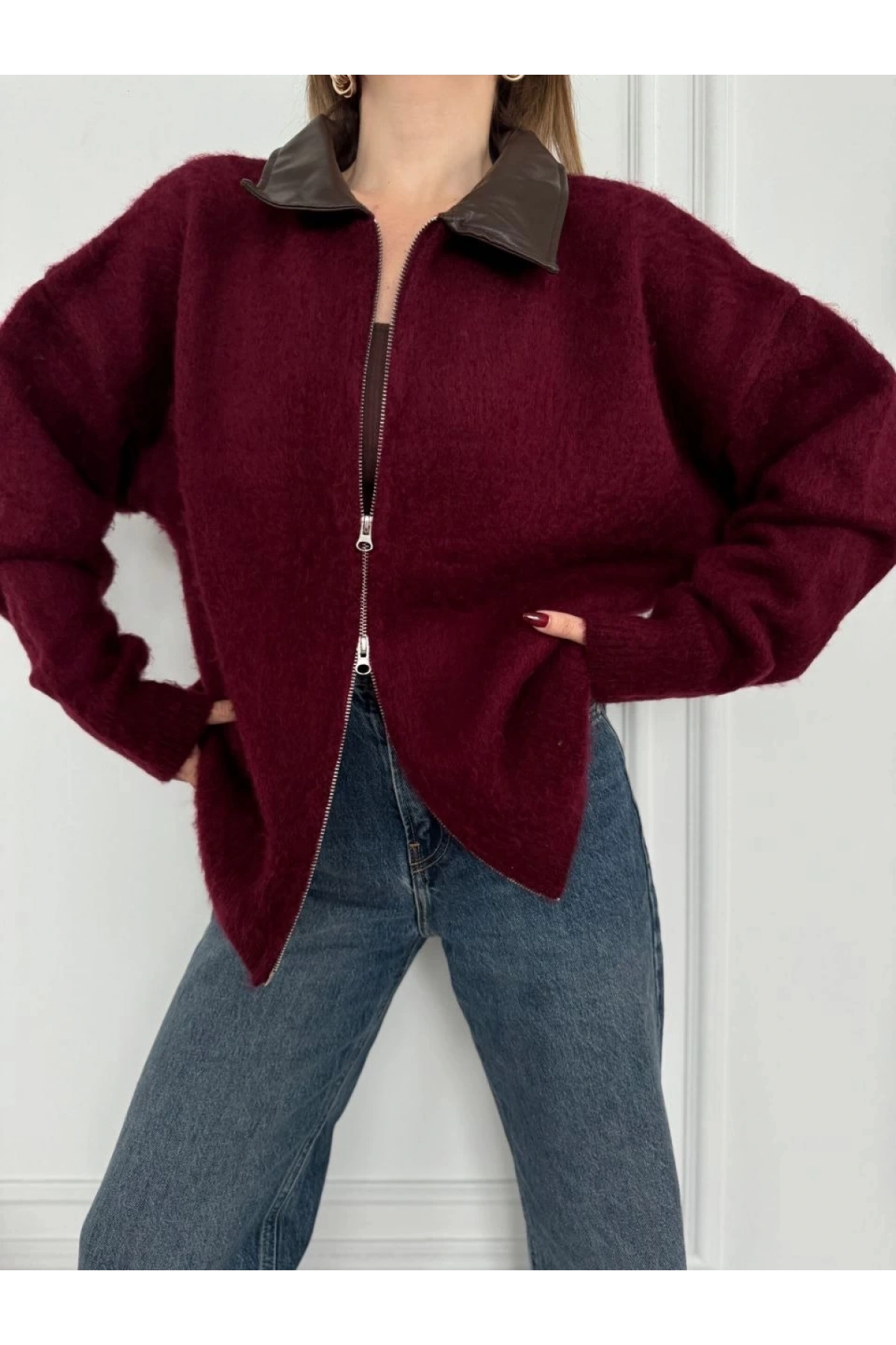 Deri Yakalı Pamuk dokulu Çift Taraflı Çalışan Fermuar Ceket - Bordo