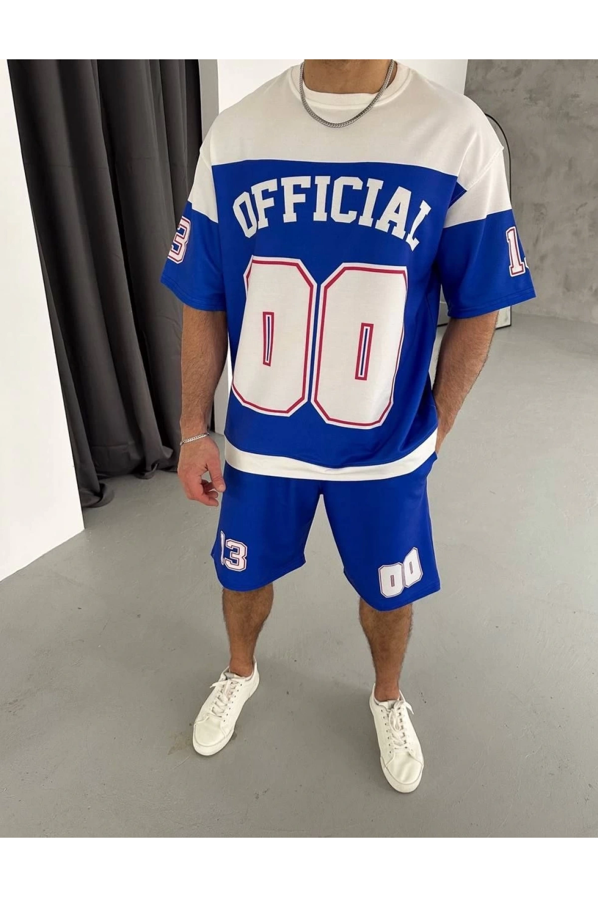 Erkek Şortlu Takım – Oversize İki İplik Kumaş, Ön & Arka Dijital Baskılı Tişört ve Lastikli Cepli Şort, Yazlık Günlük Spor Set - Mavi