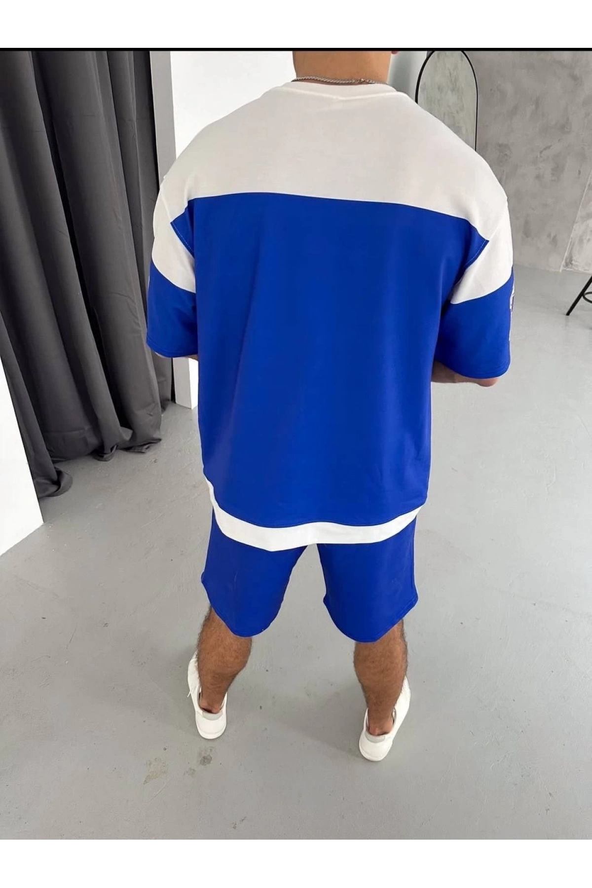 Erkek Şortlu Takım – Oversize İki İplik Kumaş, Ön & Arka Dijital Baskılı Tişört ve Lastikli Cepli Şort, Yazlık Günlük Spor Set - Mavi