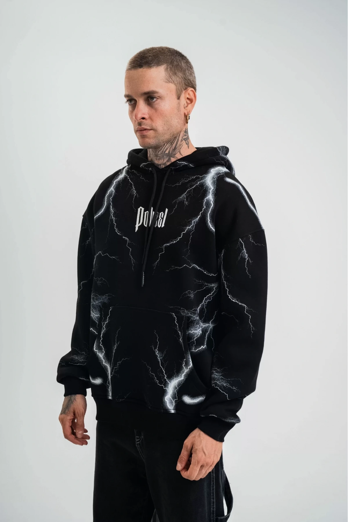 Double Oversize Kapşonlu Şimşek Pano Baskılı SweatShirt - Siyah