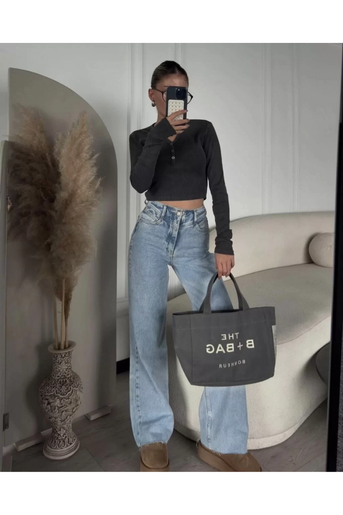 Düğme Detaylı Yıkamalı Crop