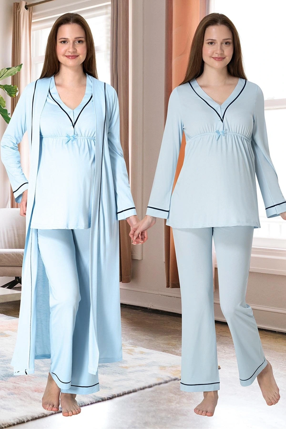 Effortt 4054 Biye Detaylı Sabahlıklı Lohusa Pijama Takımı