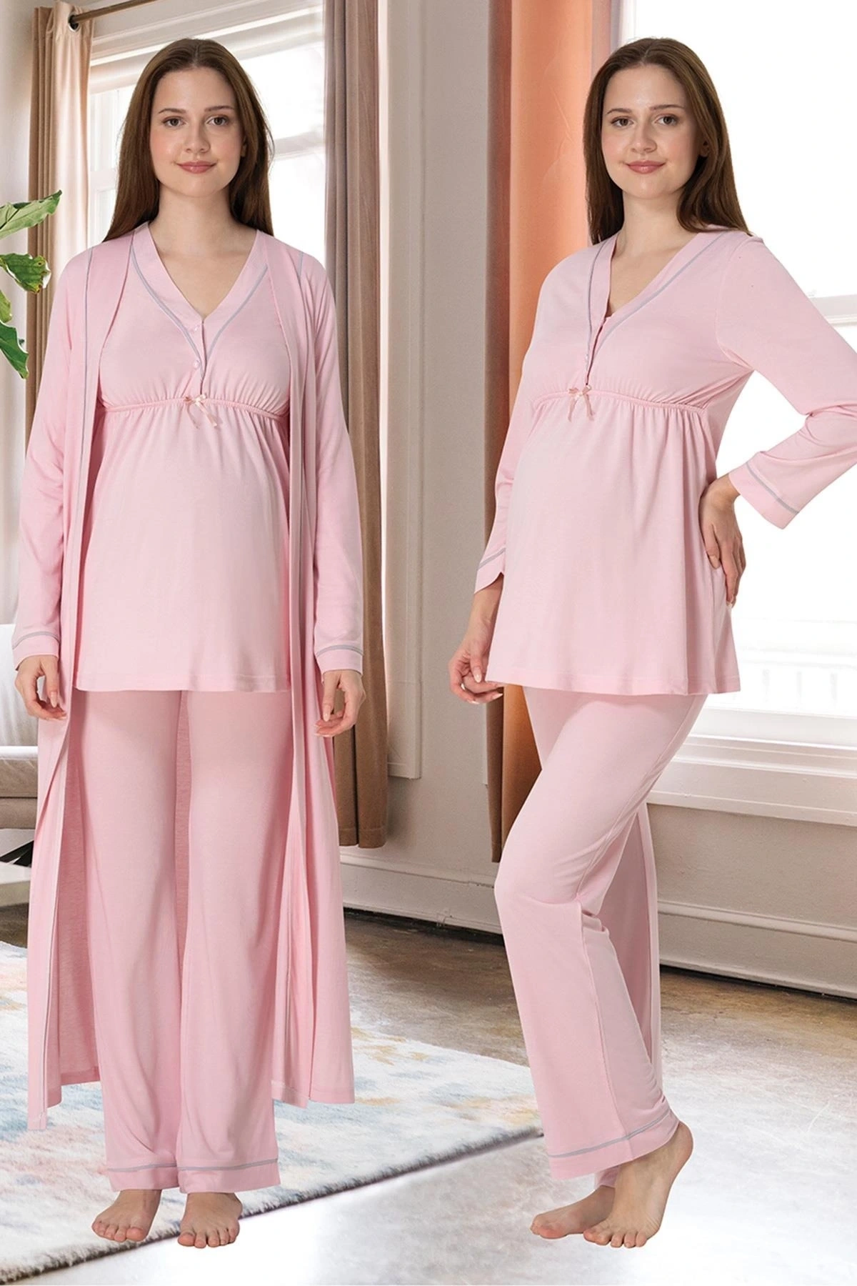 Effortt 4054 Biye Detaylı Sabahlıklı Lohusa Pijama Takımı