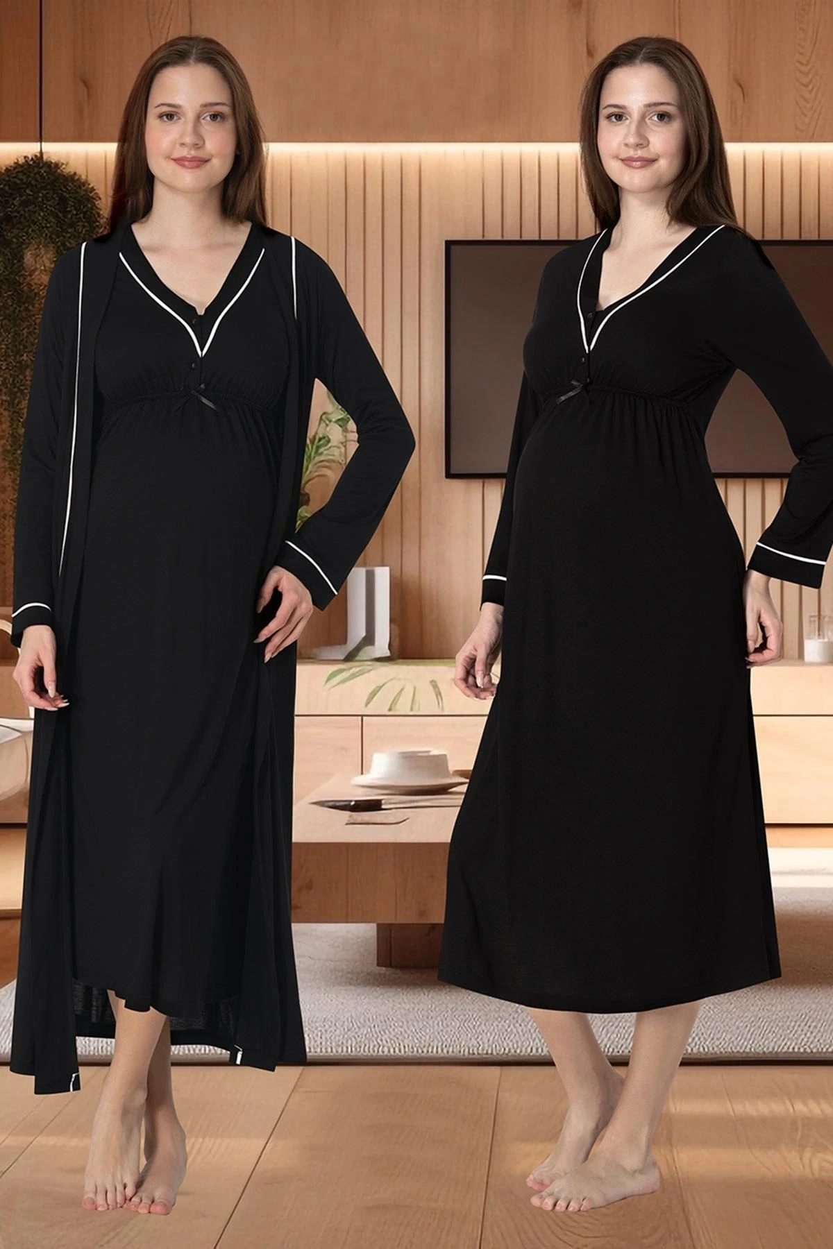 Effortt 4055 Biye Detaylı Sabahlıklı Lohusa Gecelik Takımı