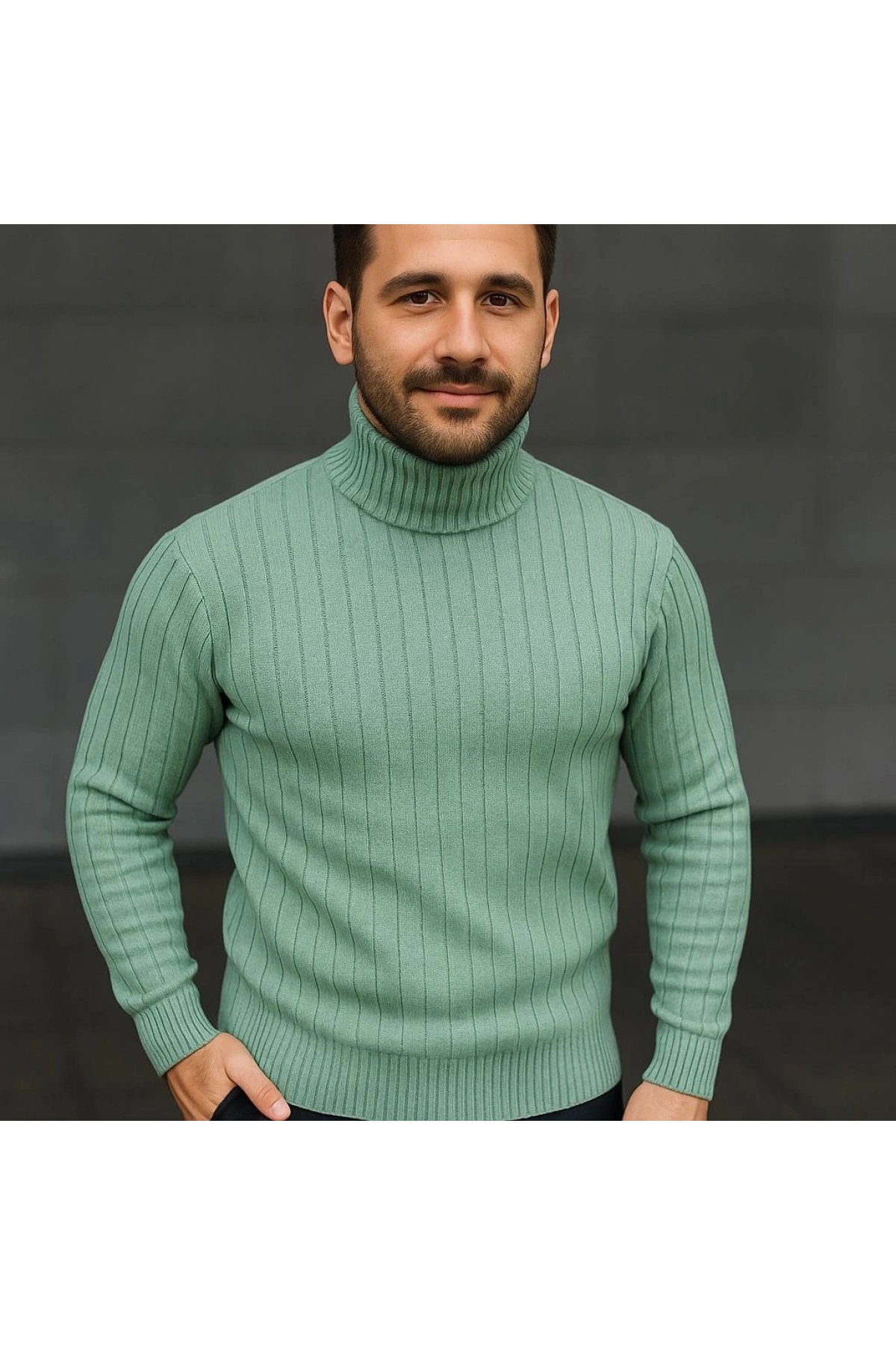 Erkek Balıkcı Yaka Bağazlı Triko Kazak Pamuklu Kalın Fitilli Dokuma, Regular Fit Uzun Kollu Kışlık Model - Mint Yeşili