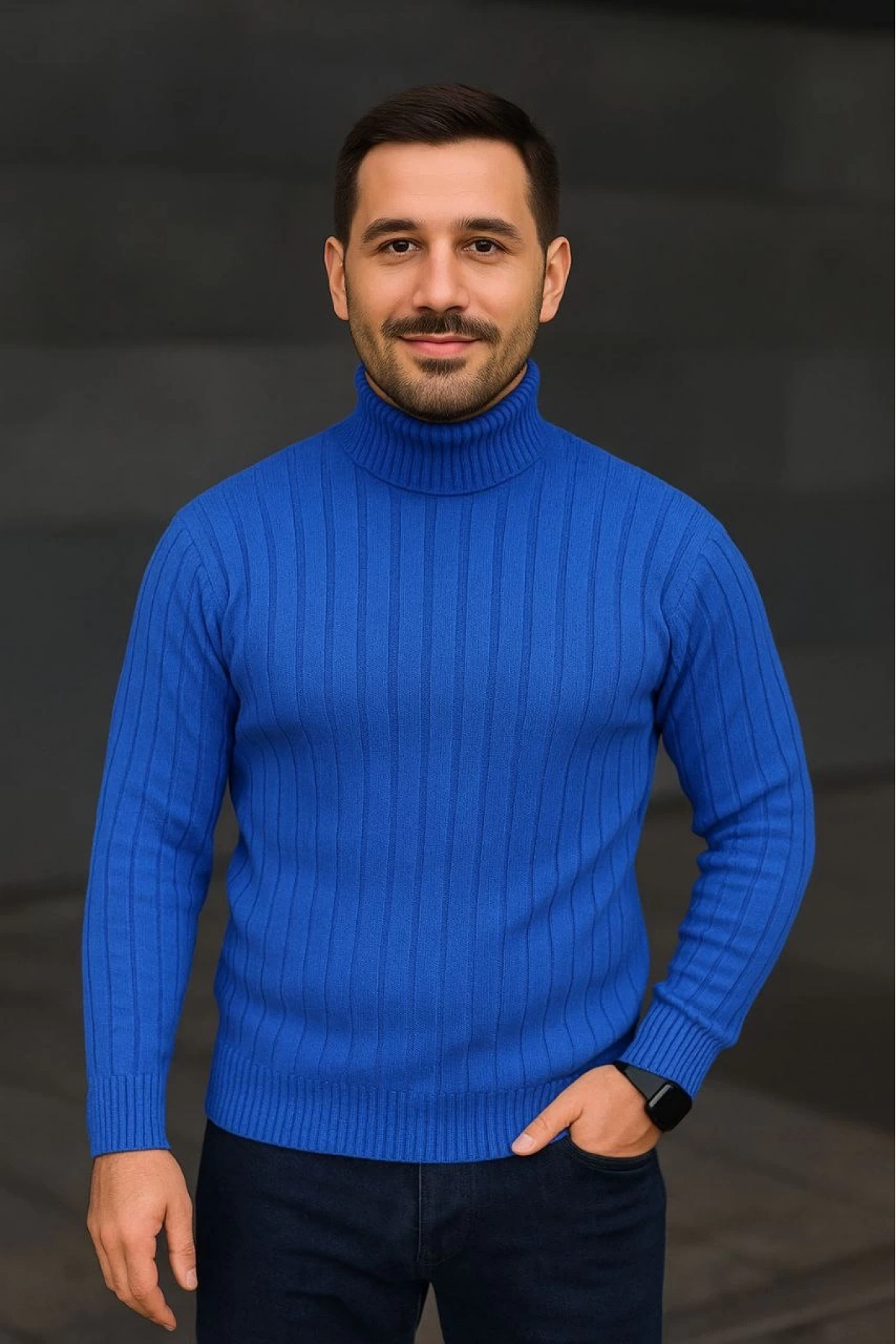 Erkek Balıkcı Yaka Bağazlı Triko Kazak Pamuklu Kalın Fitilli Dokuma, Regular Fit Uzun Kollu Kışlık Model - Saks Mavisi