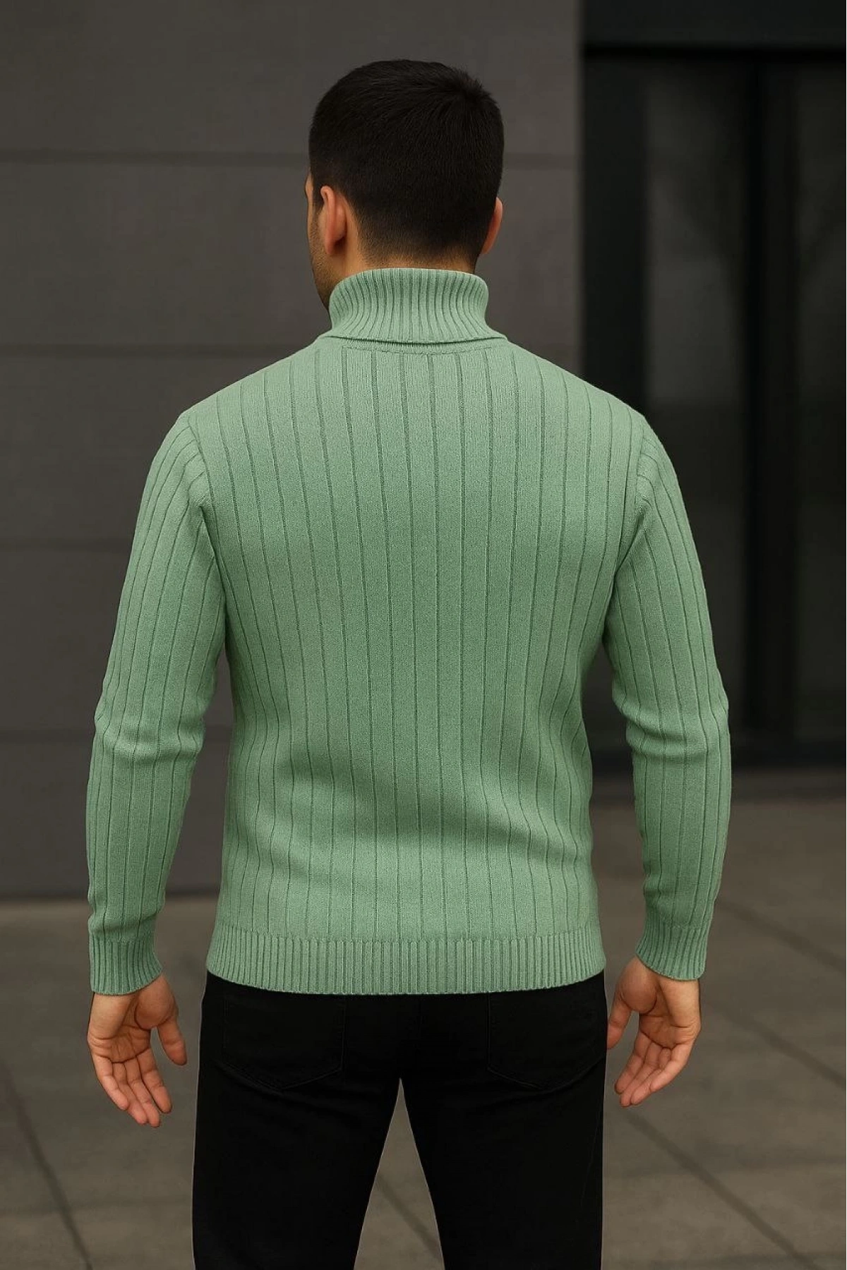 Erkek Balıkcı Yaka Bağazlı Triko Kazak Pamuklu Kalın Fitilli Dokuma, Regular Fit Uzun Kollu Kışlık Model - Mint Yeşili