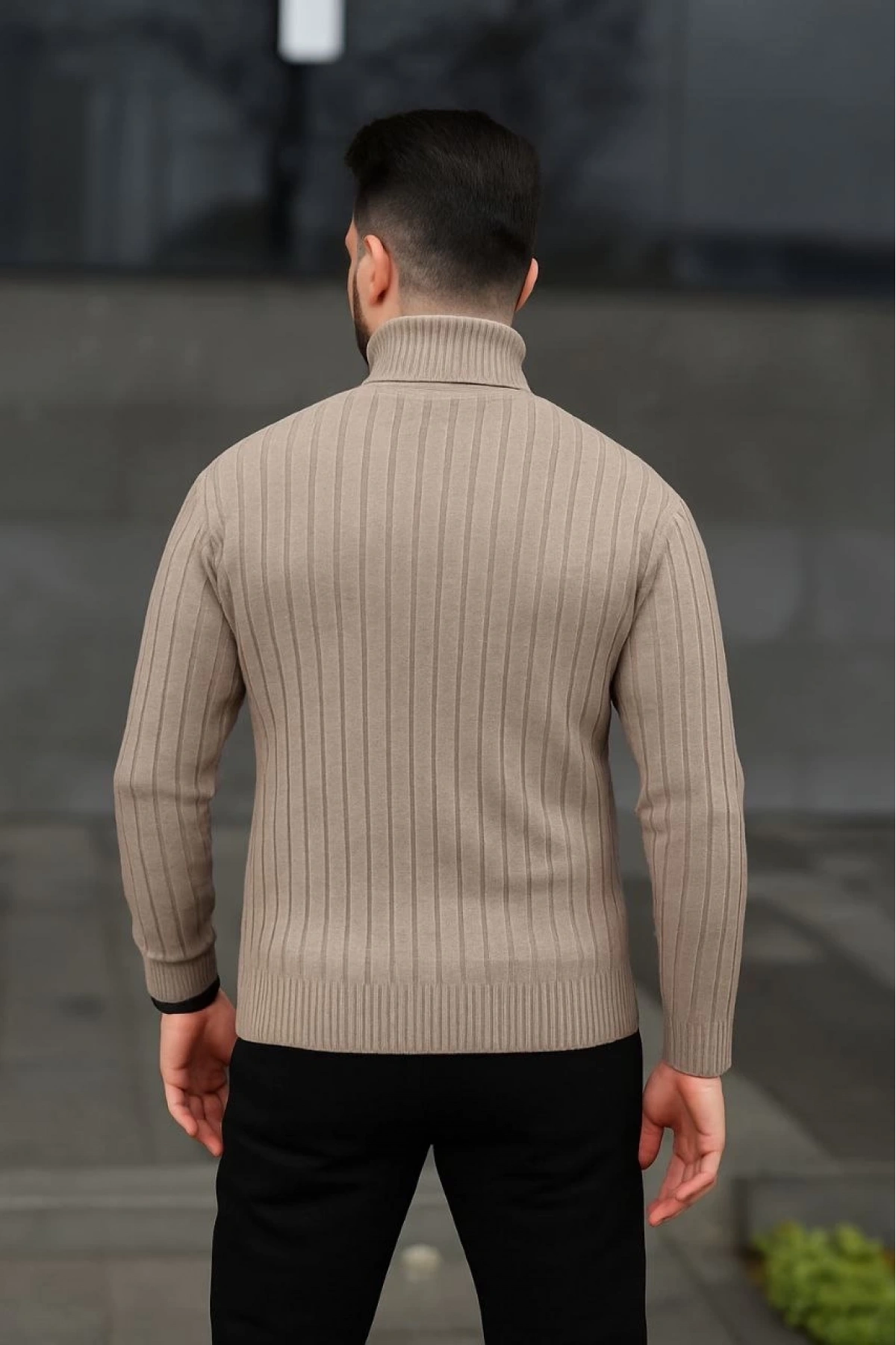 Erkek Balıkcı Yaka Bağazlı Triko Kazak Pamuklu Kalın Fitilli Dokuma, Regular Fit Uzun Kollu Kışlık Model - Bej