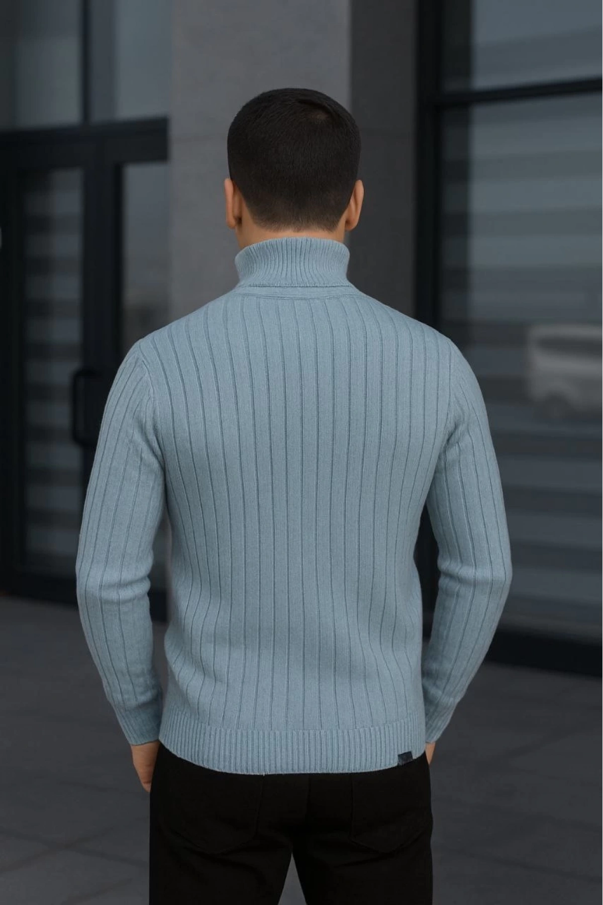 Erkek Balıkcı Yaka Bağazlı Triko Kazak Pamuklu Kalın Fitilli Dokuma, Regular Fit Uzun Kollu Kışlık Model - Bebe Mavisi