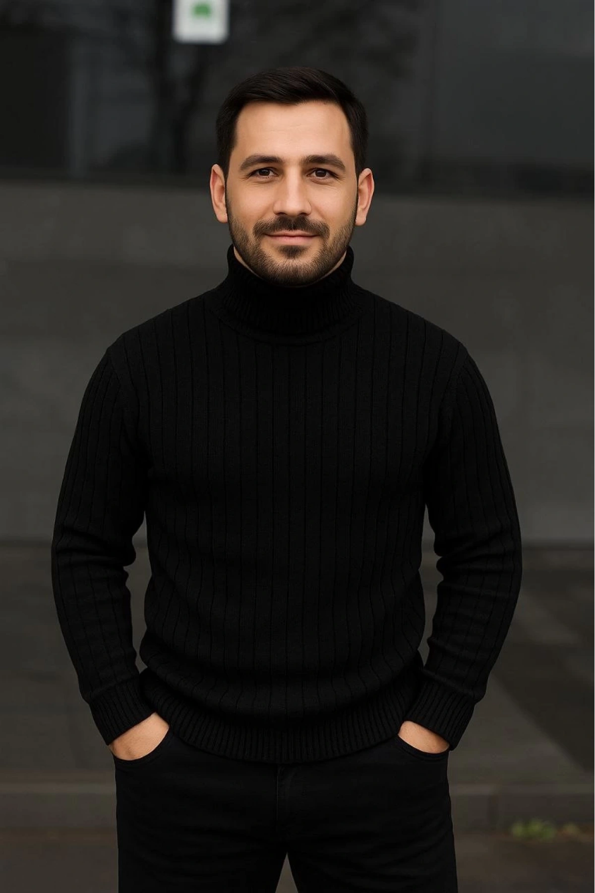 Erkek Balıkcı Yaka Bağazlı Triko Kazak Pamuklu Kalın Fitilli Dokuma, Regular Fit Uzun Kollu Kışlık Model - Siyah