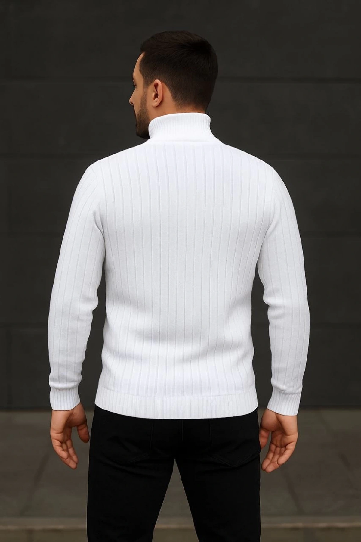 Erkek Balıkcı Yaka Bağazlı Triko Kazak Pamuklu Kalın Fitilli Dokuma, Regular Fit Uzun Kollu Kışlık Model - Beyaz