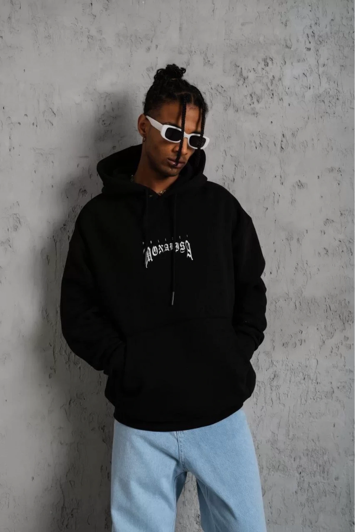 Erkek Baskılı Kapüşonlu ve Kanguru Cepli Sweat - Siyah