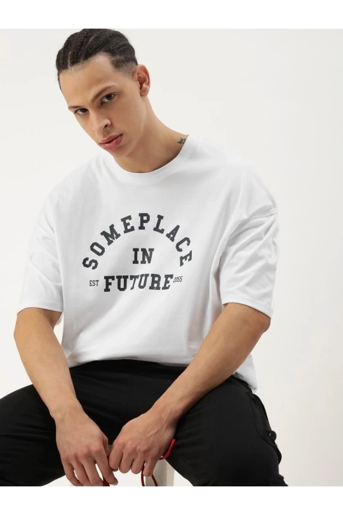 Erkek Baskılı Oversize T-shirt - Beyaz