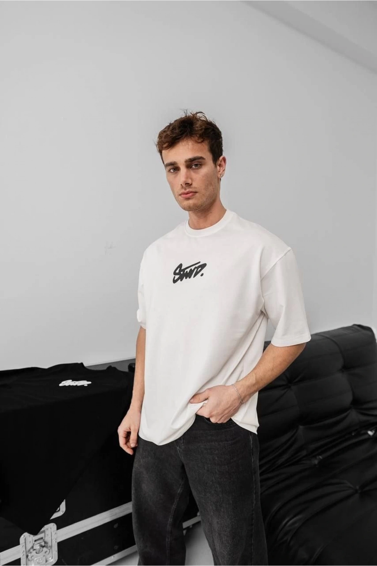 Erkek Baskılı Oversize T-shirt - Beyaz