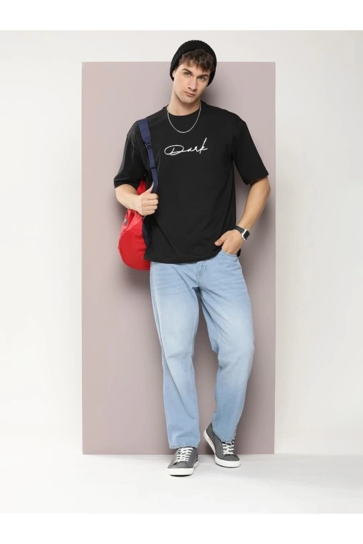 Erkek Baskılı Oversize T-shirt - Siyah