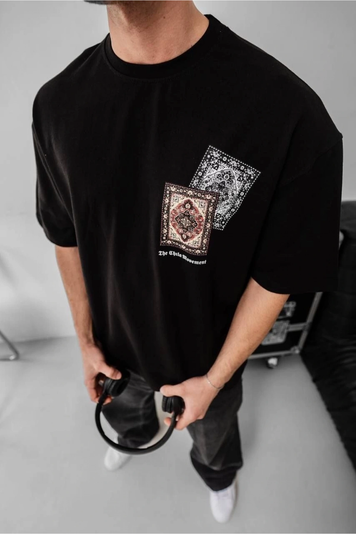 Erkek Baskılı Oversize T-shirt - Siyah