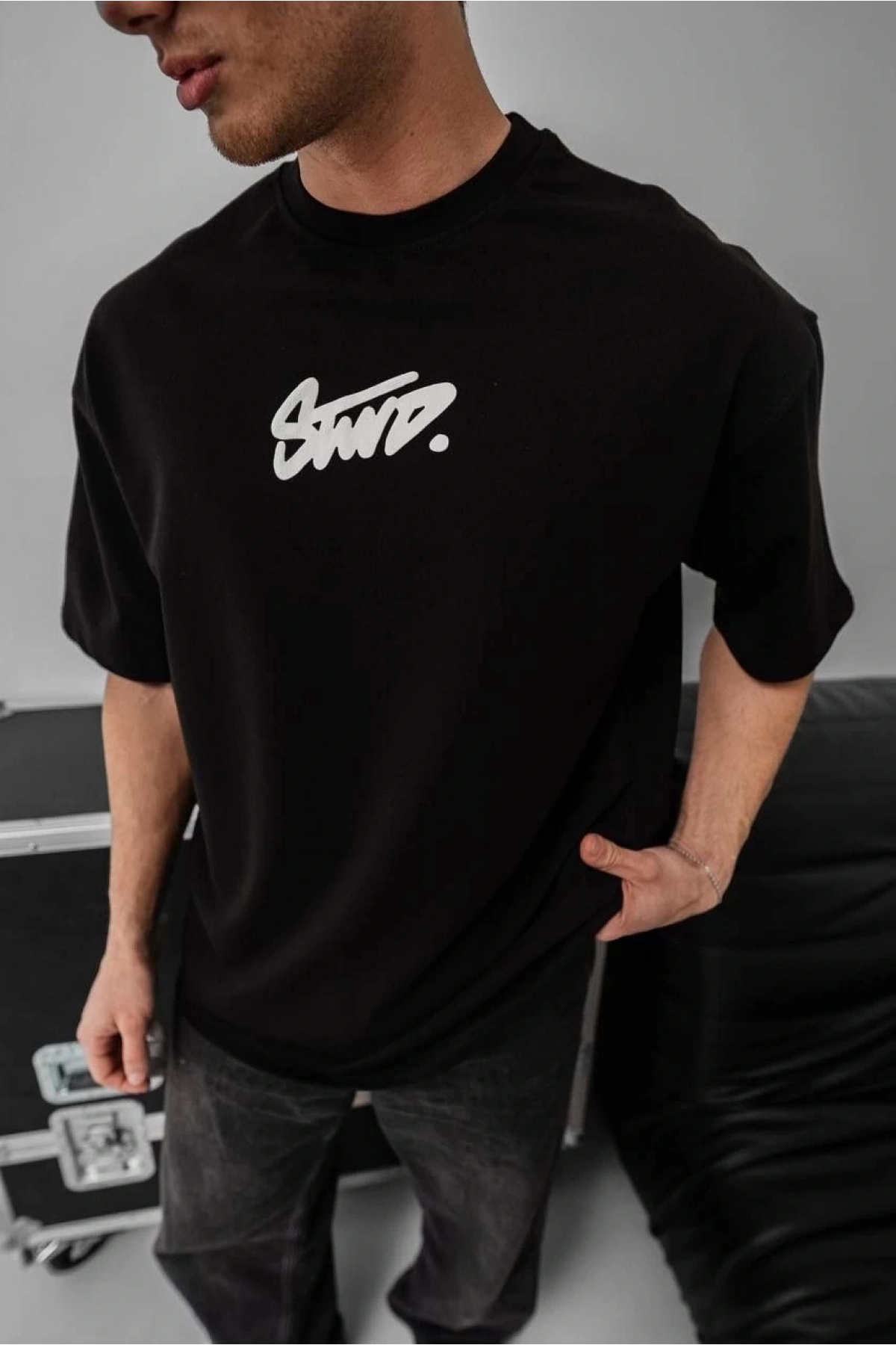 Erkek Baskılı Oversize T-shirt - Siyah