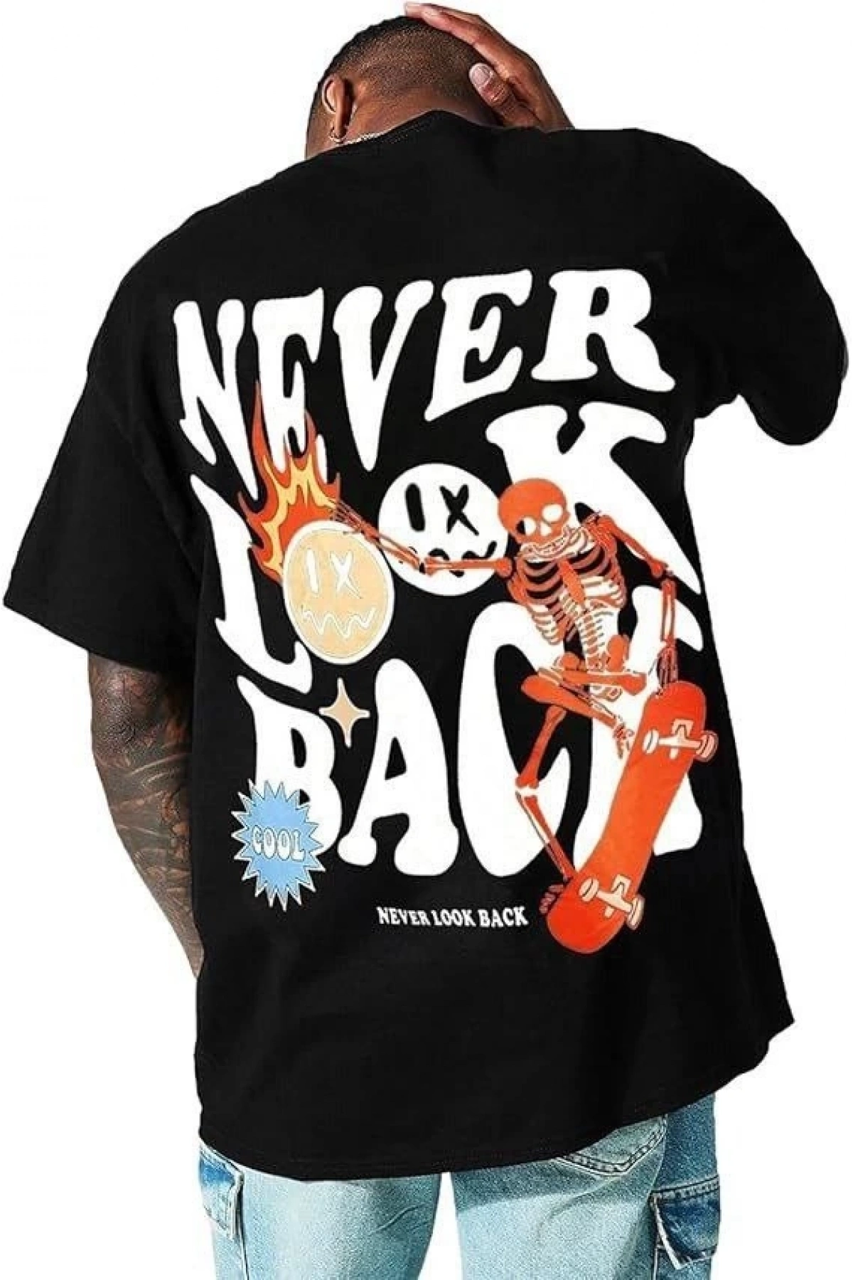 Erkek Bisiklet Yaka Kısa Kol Baskılı T-shirt - Siyah