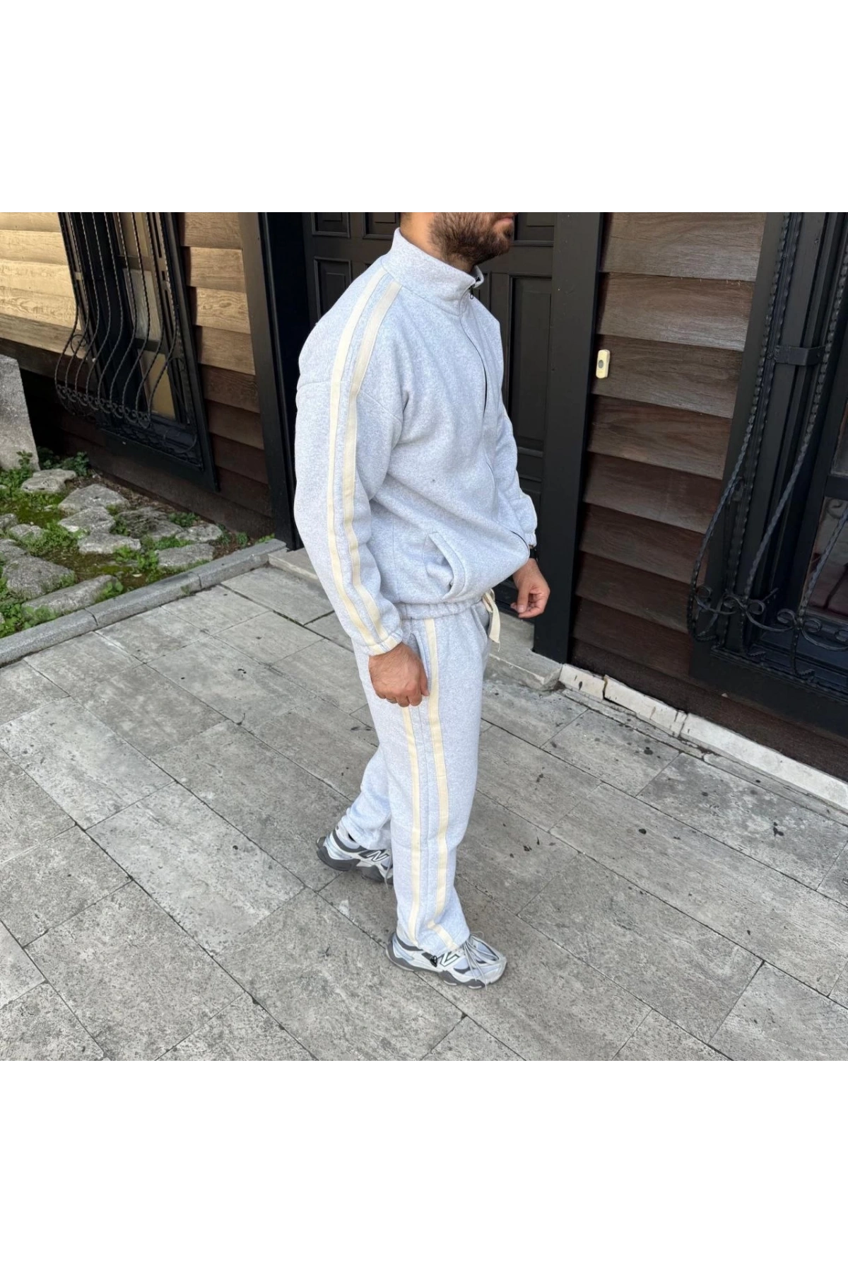 Erkek Çift Şeritli Eşofman Takım Dik Yaka Fermuarlı Sweatshirt Boru Paça Alt, Oversize 3 iplik Pamuklu - Gri