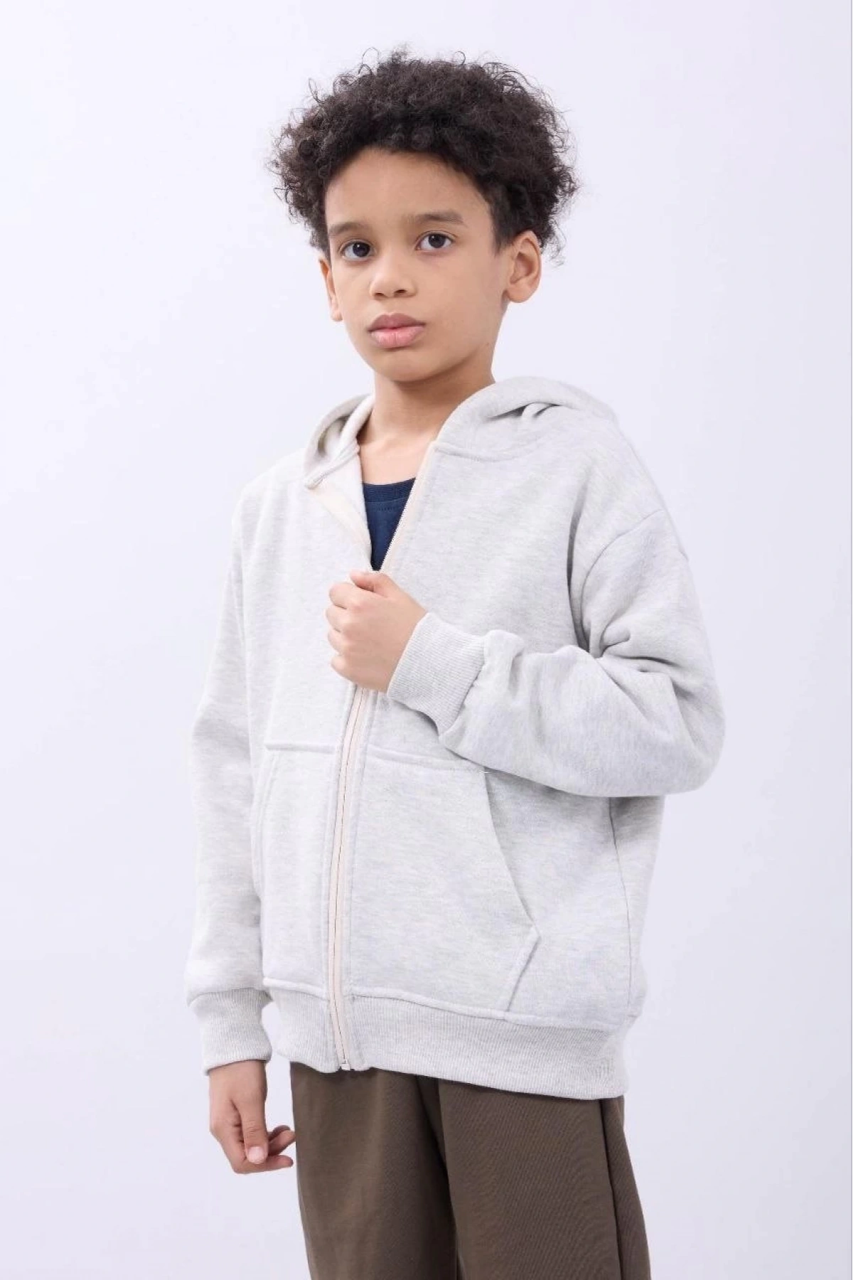 Erkek Çocuk Kapüşonlu Kanguru Çepli Tam Fermuarlı Hırka SweatShirt - Gri