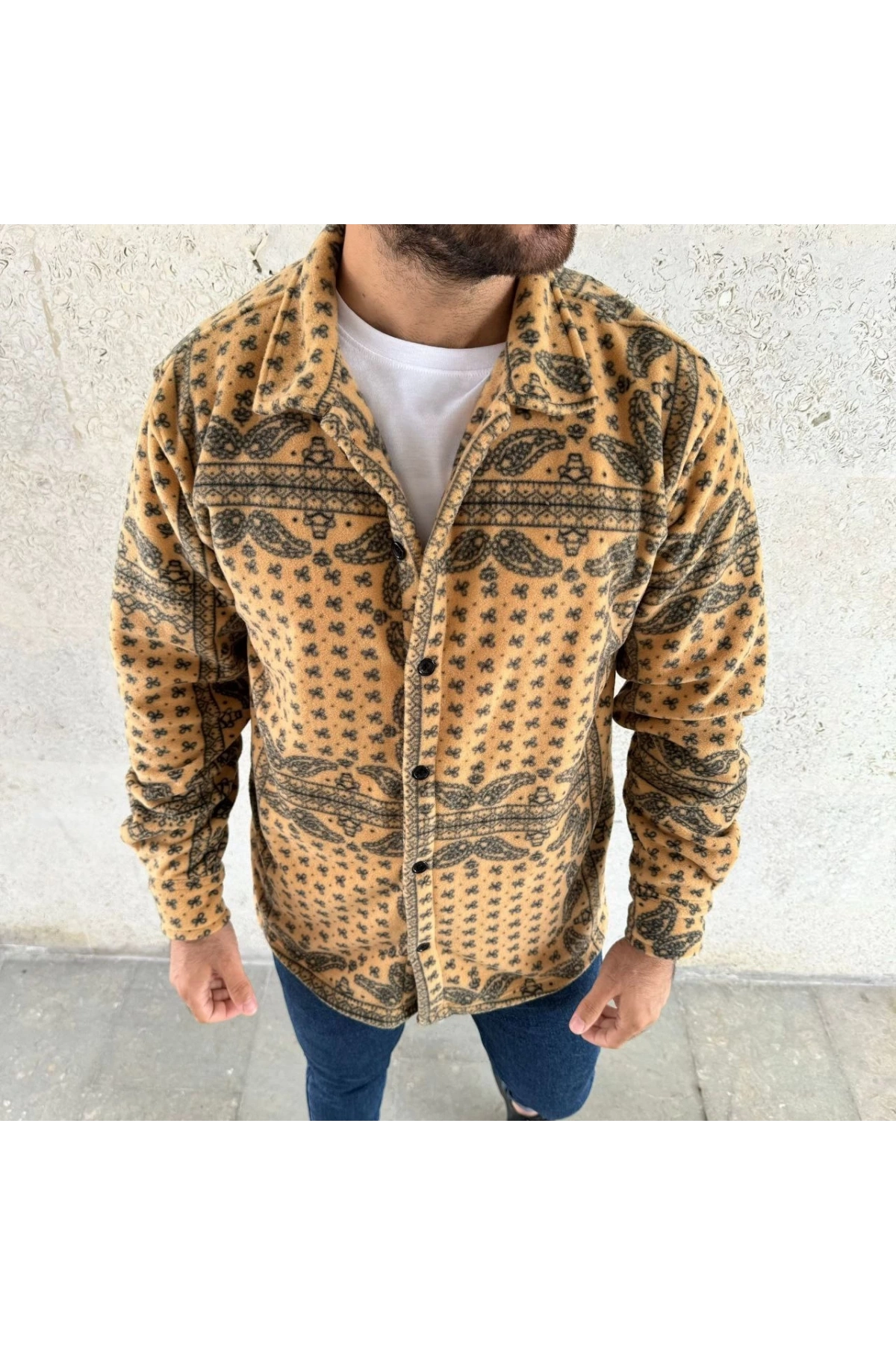 Erkek Desenli Düğmeli Polar Gömlek – Hardal Paisley Desen Yakalı, Uzun Kollu, Oversize Rahat Kalıp - Sarı