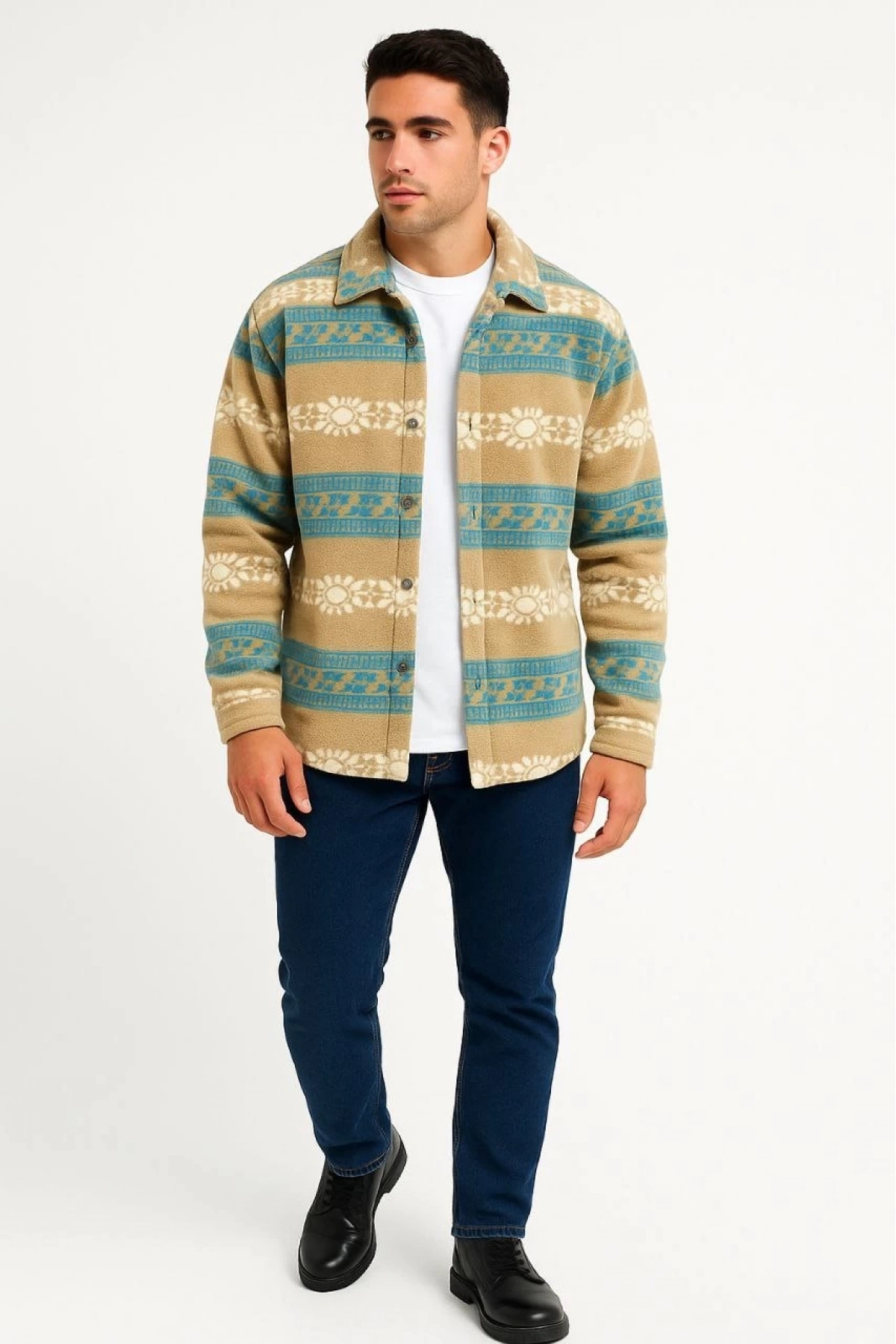 Erkek Desenli Polar Gömlek – Etnik Şerit Desen Yakalı, Uzun Kollu, Düğmeli, Oversize Rahat Kalıp - Sarı
