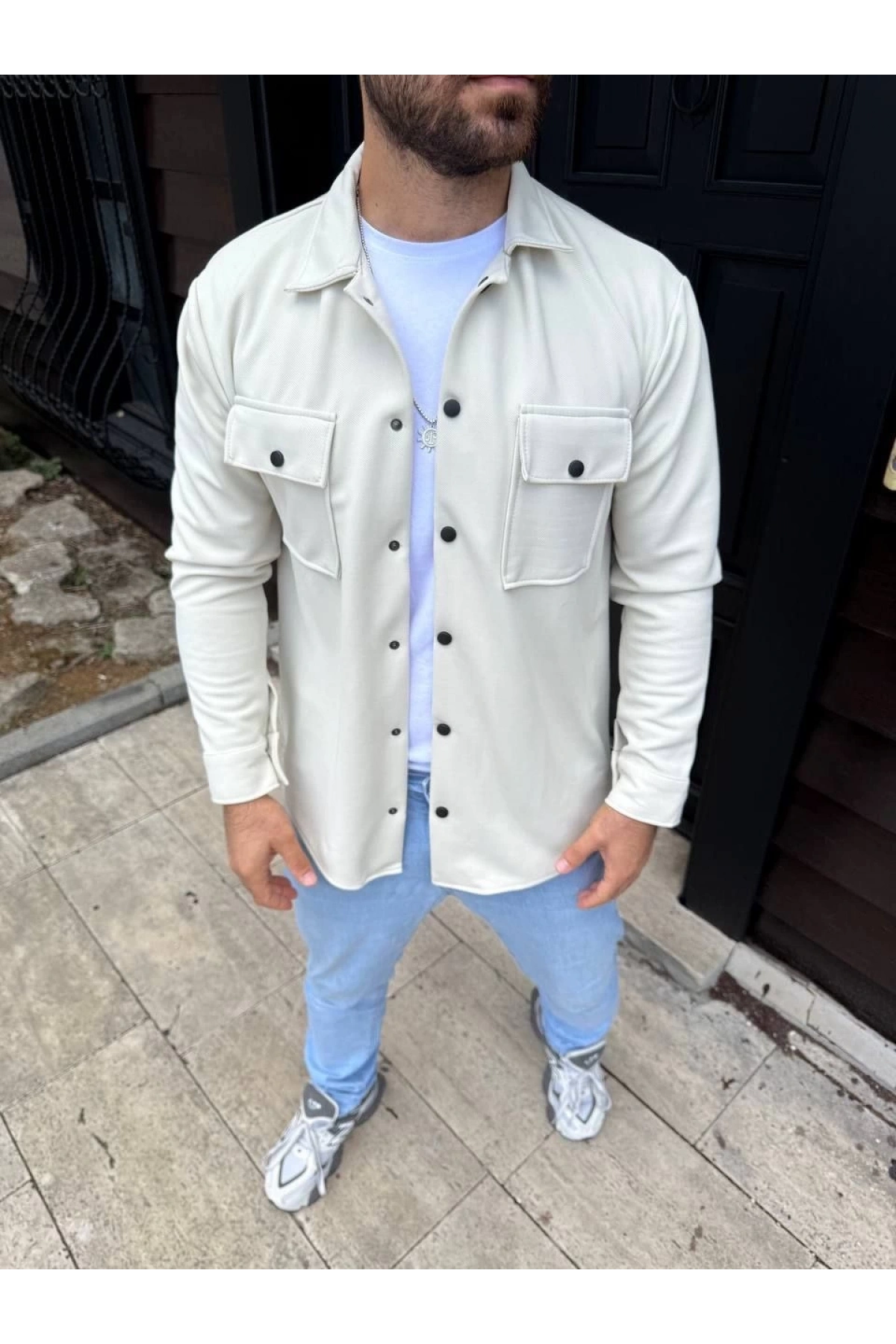 Erkek Diagonal Kumaş Cepli Çıtçıtlı uzun Kollu, Gömlek Oversize Rahat Kalıp Günlük Şık Stil - Beyaz