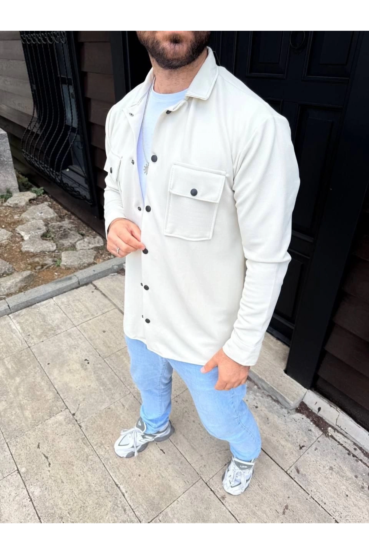 Erkek Diagonal Kumaş Cepli Çıtçıtlı uzun Kollu, Gömlek Oversize Rahat Kalıp Günlük Şık Stil - Beyaz