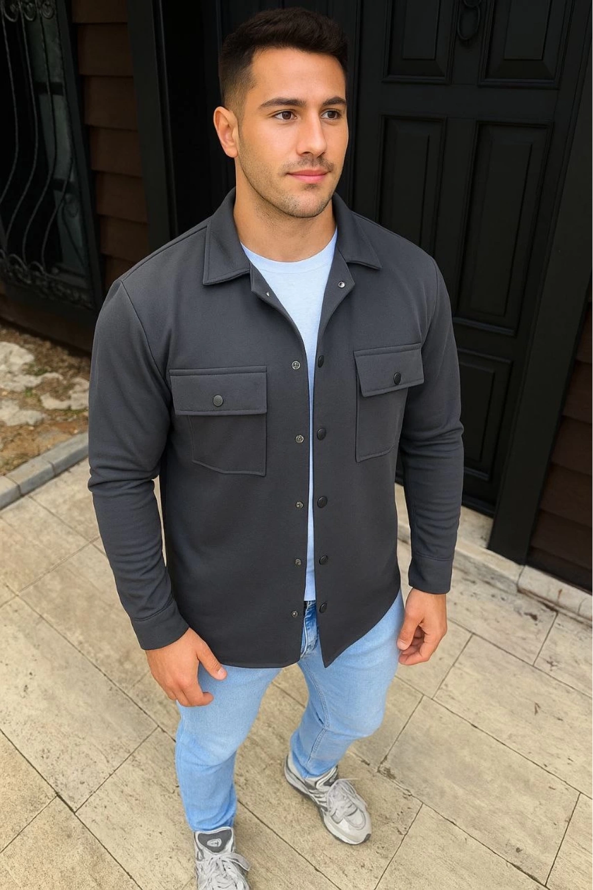 Erkek Diagonal Kumaş Cepli Çıtçıtlı uzun Kollu, Gömlek Oversize Rahat Kalıp Günlük Şık Stil - Füme