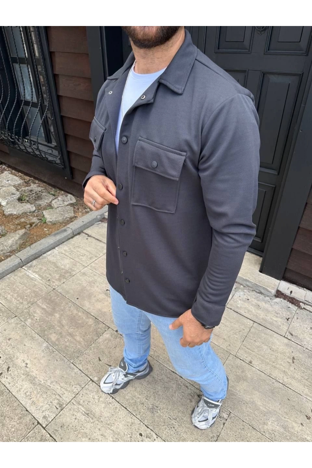 Erkek Diagonal Kumaş Cepli Çıtçıtlı uzun Kollu, Gömlek Oversize Rahat Kalıp Günlük Şık Stil - Füme