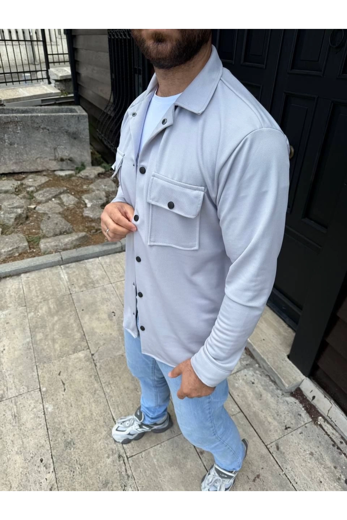 Erkek Diagonal Kumaş Cepli Çıtçıtlı uzun Kollu, Gömlek Oversize Rahat Kalıp Günlük Şık Stil - Gri