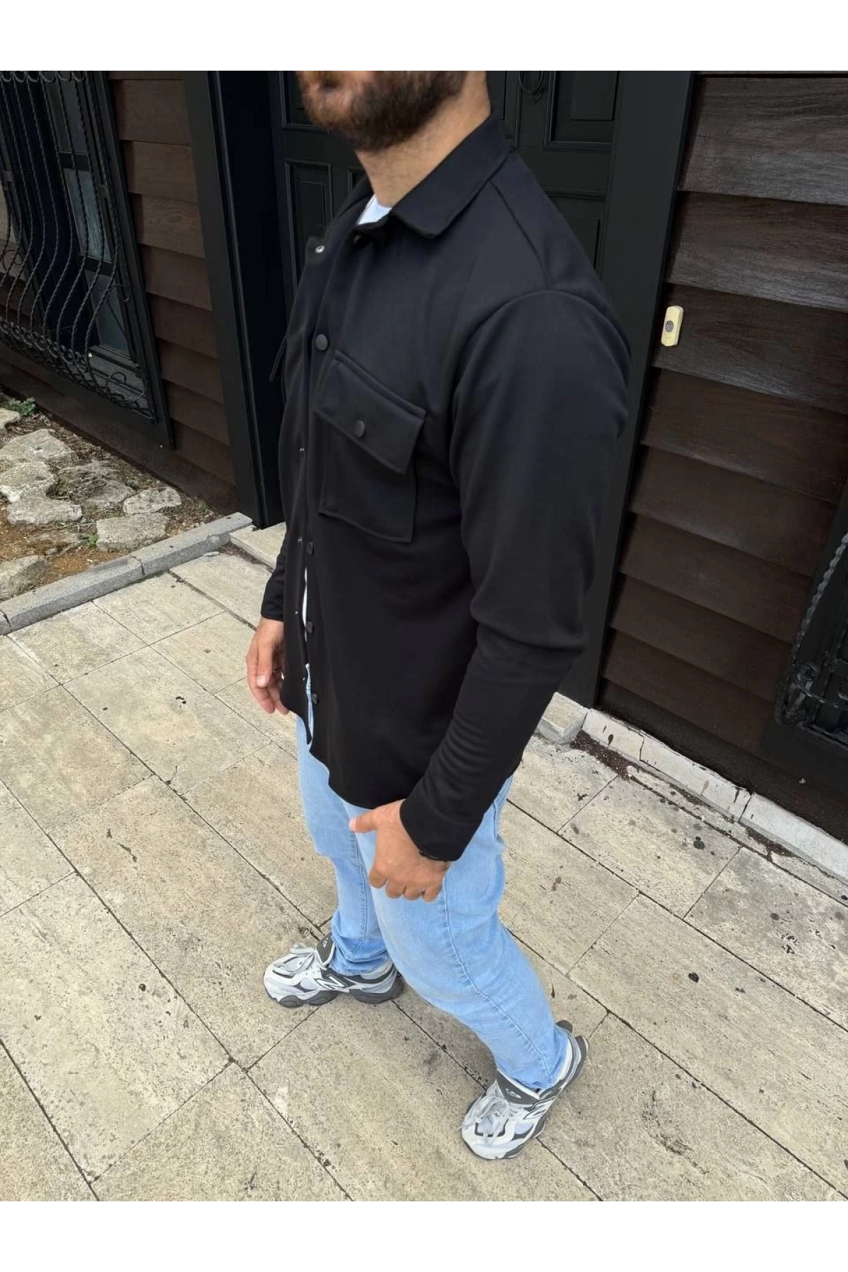 Erkek Diagonal Kumaş Cepli Çıtçıtlı uzun Kollu, Gömlek Oversize Rahat Kalıp Günlük Şık Stil - Siyah