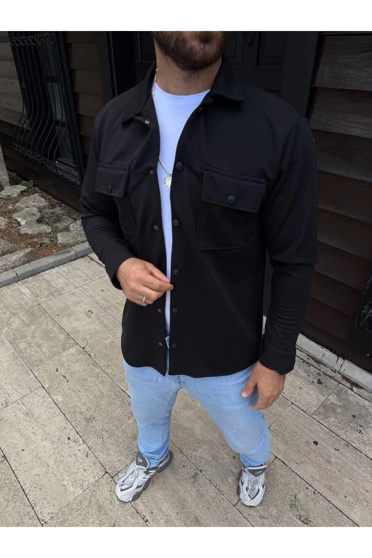 Erkek Diagonal Kumaş Cepli Çıtçıtlı uzun Kollu, Gömlek Oversize Rahat Kalıp Günlük Şık Stil - Siyah