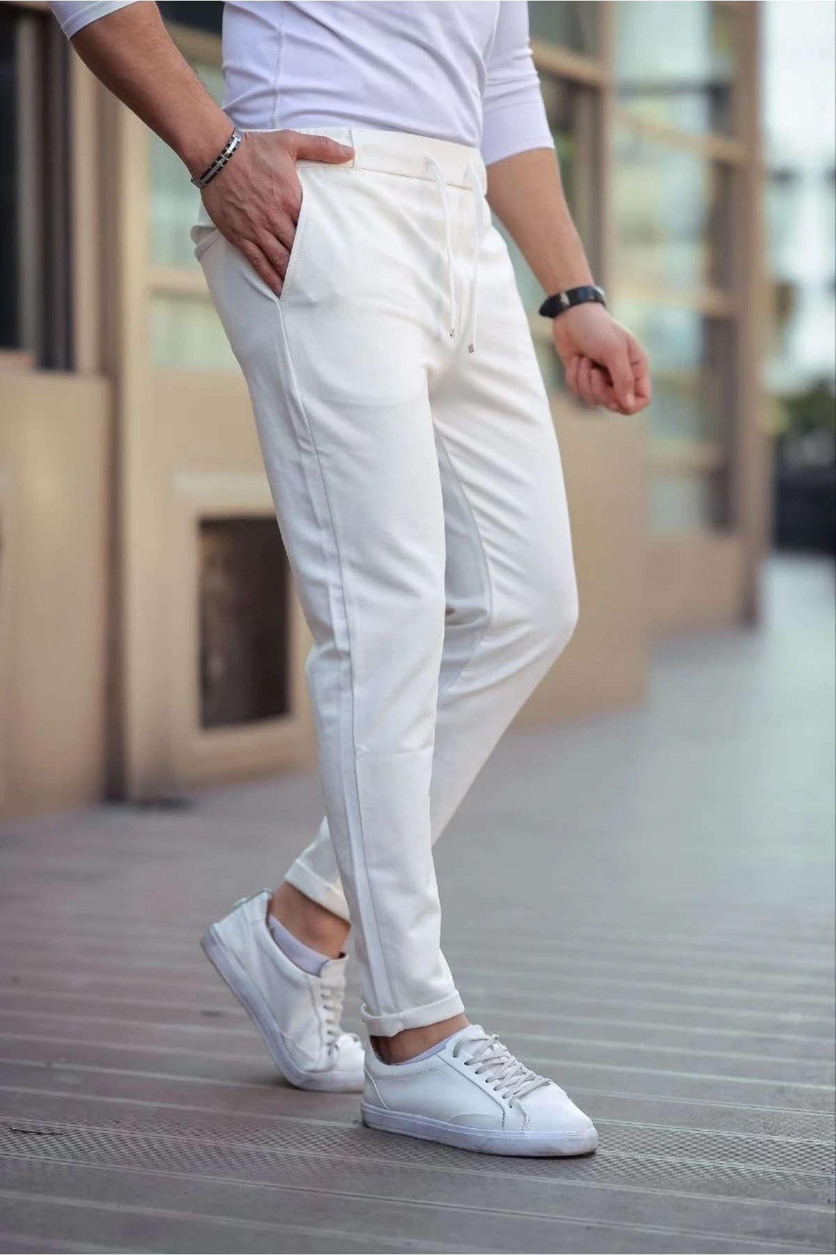 Erkek Diagonel Mikro dokulu Cepli Beli Lastilki Pantolon - Beyaz