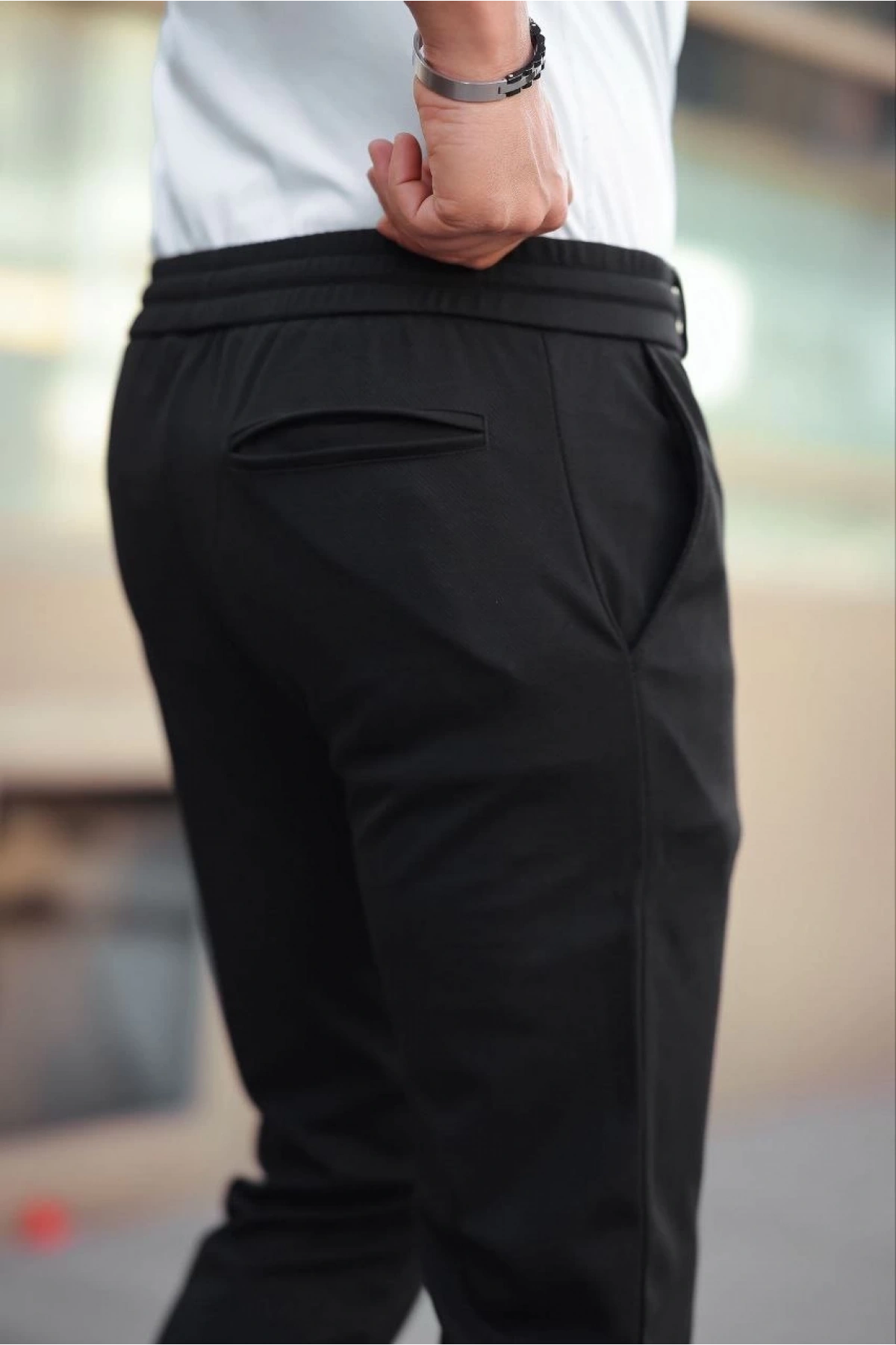 Erkek Diagonel Mikro dokulu Cepli Beli Lastilki Pantolon - Siyah