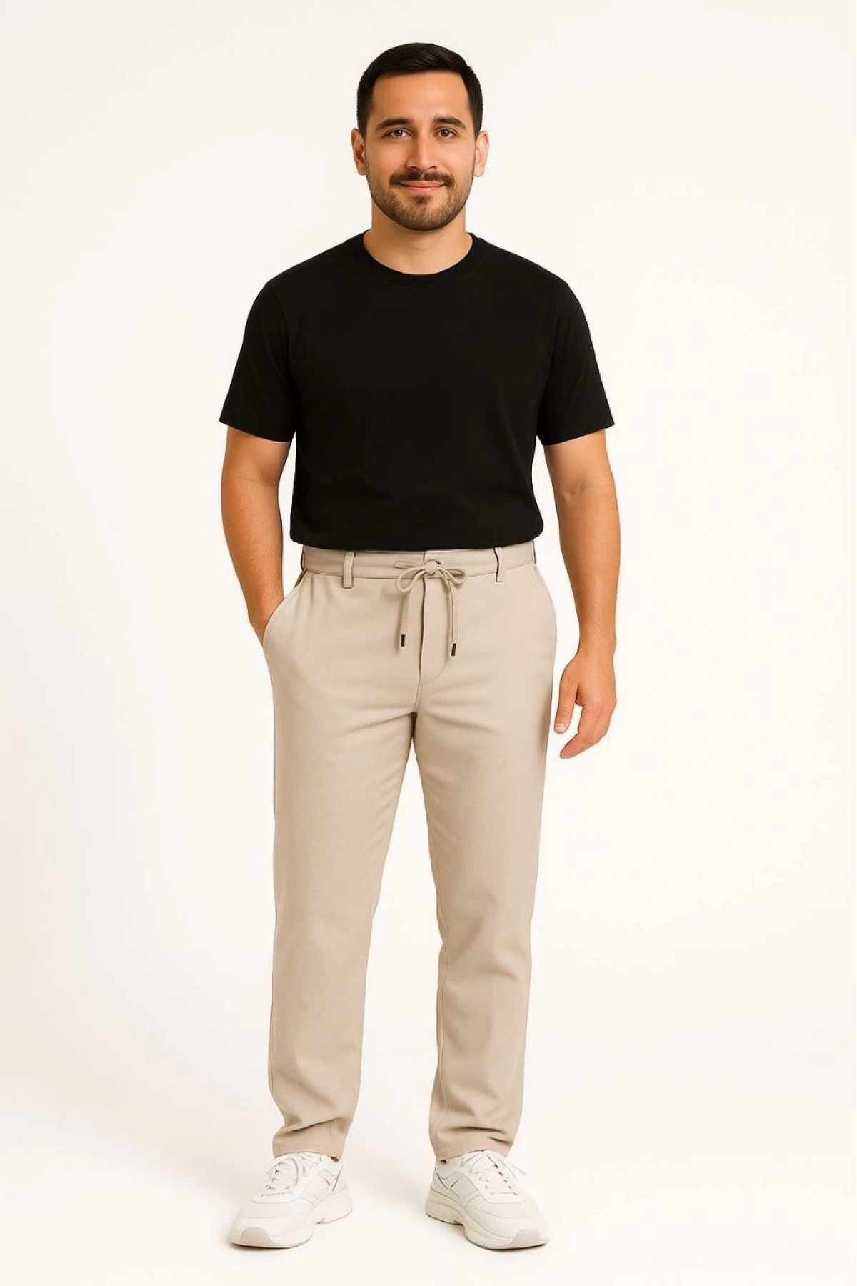 Erkek Diagonel Mikro dokulu Cepli Pantolon - Bej